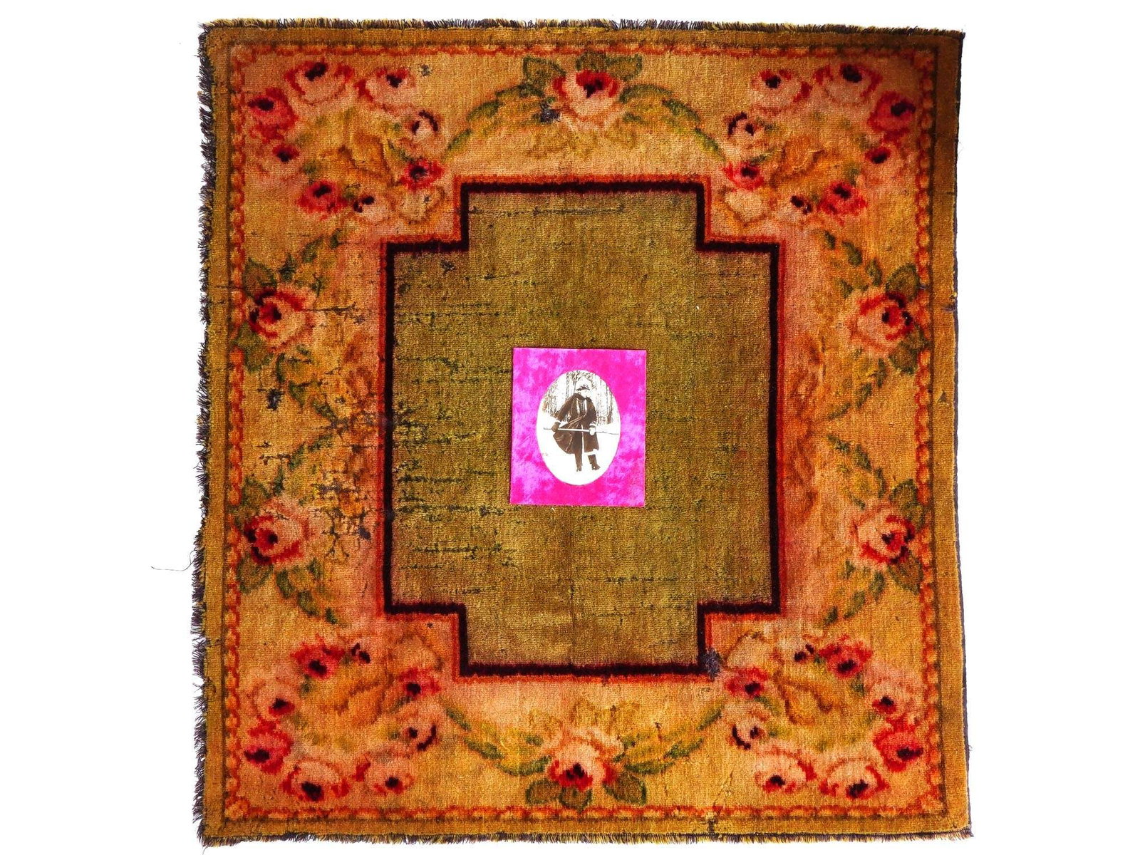 TIMUR NOVIKOV RUSSIAN TEXTILE ARTWORK ON SILK RUG: Mixed media textile artwork by Timur Novikov, 1958 to 2002, a Russian Nonconformist artist and art theorist, ideologist of the Neo-Academism movement. This lot belongs to the Neoclassical period. Squa