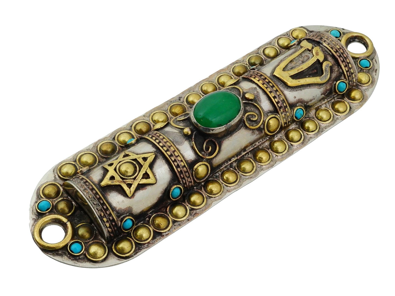 VINTAGE JUDAICA ALPACA SILVER TURQUOISE MEZUZAH: A vintage Near Eastern mezuzah, a Jewish decorative case that contains a piece of parchment with the Gods name and is affixed to the doorpost. Crafted from the so-called Alpaca silver, a