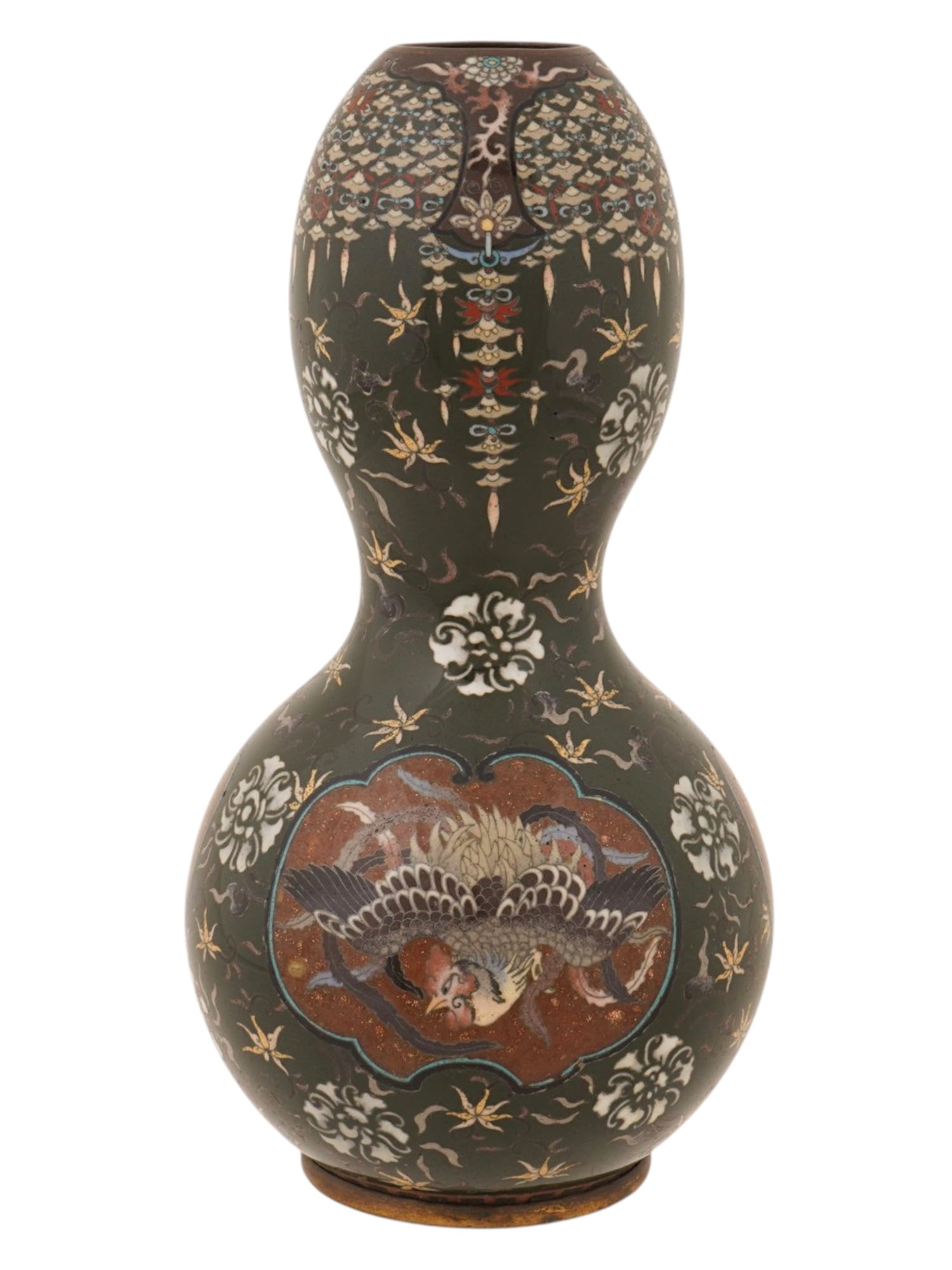 ANTIQUE JAPANESE MEIJI PERIOD ENAMEL DOUBLE GOURD VASE: An antique Japanese cloisonne enamel double-gourd vase from the Meiji period. The vase is decorated with a phoenix medallion, floral motifs, and pendant jewel designs against a dark enamel ground. Dat