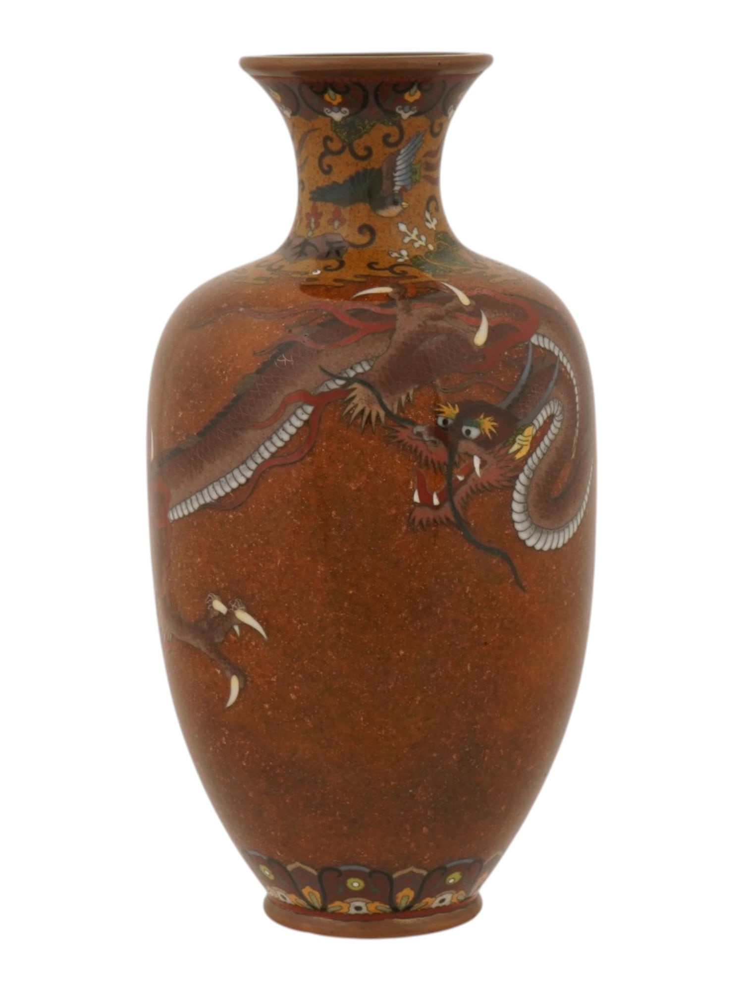 ANTIQUE JAPANESE MEIJI CLOISONNE ENAMEL DRAGON VASE: An antique Japanese cloisonne enamel dragon vase from the Meiji period. The vase is decorated with a detailed three-clawed dragon against a shimmering aventurine enamel ground, framed by geometric and