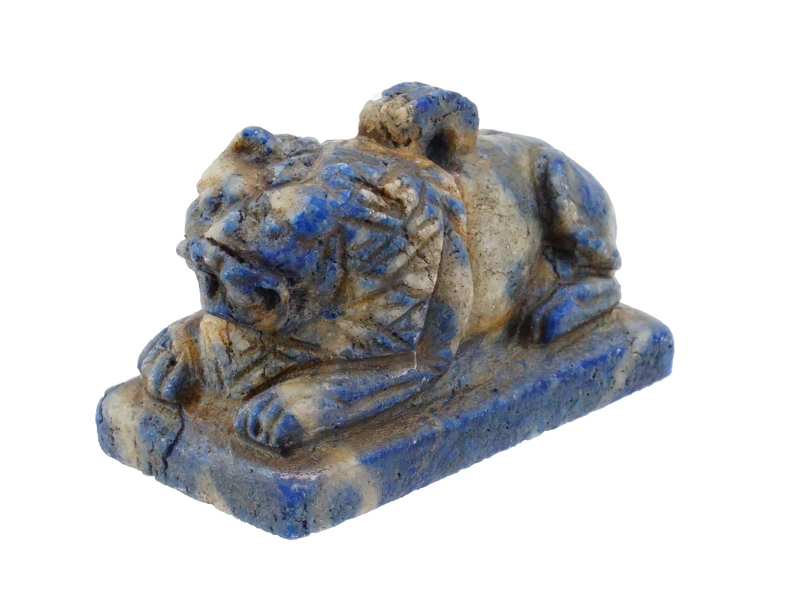 ANTIQUE CHINESE CARVED LAPIS LAZURI LION PENDANT: An antique hand-carved lapis lazuli pendant representing a reclined lion on a pedestal. Presumably of Chinese origin, Qing era. Unmarked. Collectible Jewelry And Decor, Mineral Stone Carvings, Orienta
