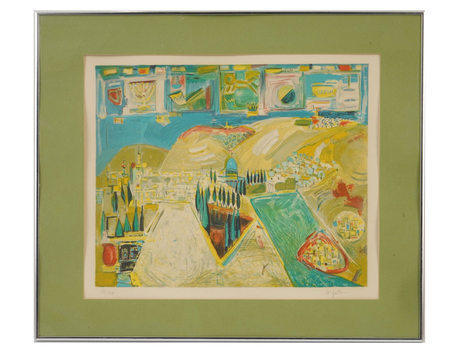 NACHUM GUTMAN ISRAELI LITHOGRAPH PANORAMA OF JERUSALEM: Nachum Gutman, Israeli, 1898 to 1980, a lithograph depicting a panorama of Jerusalem. The composition is based on a 1960 painting and features colorful architectural views of the city, including the D