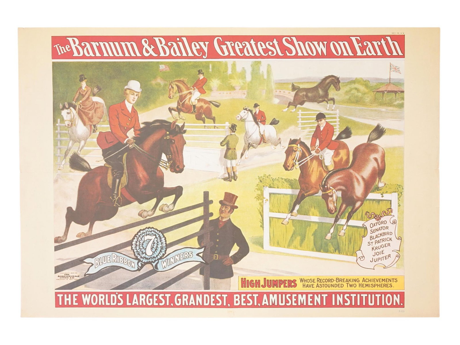 BARNUM AND BAILEY GREATEST SHOW CIRCUS PRINT: An American print for Barnum and Baileys Greatest Show on Earth featuring Joe and Jupiters pony and Oxfords champion horse. Printed in America. Copyright 1904 from Strobridge Lith. Co. Cincinnati and 