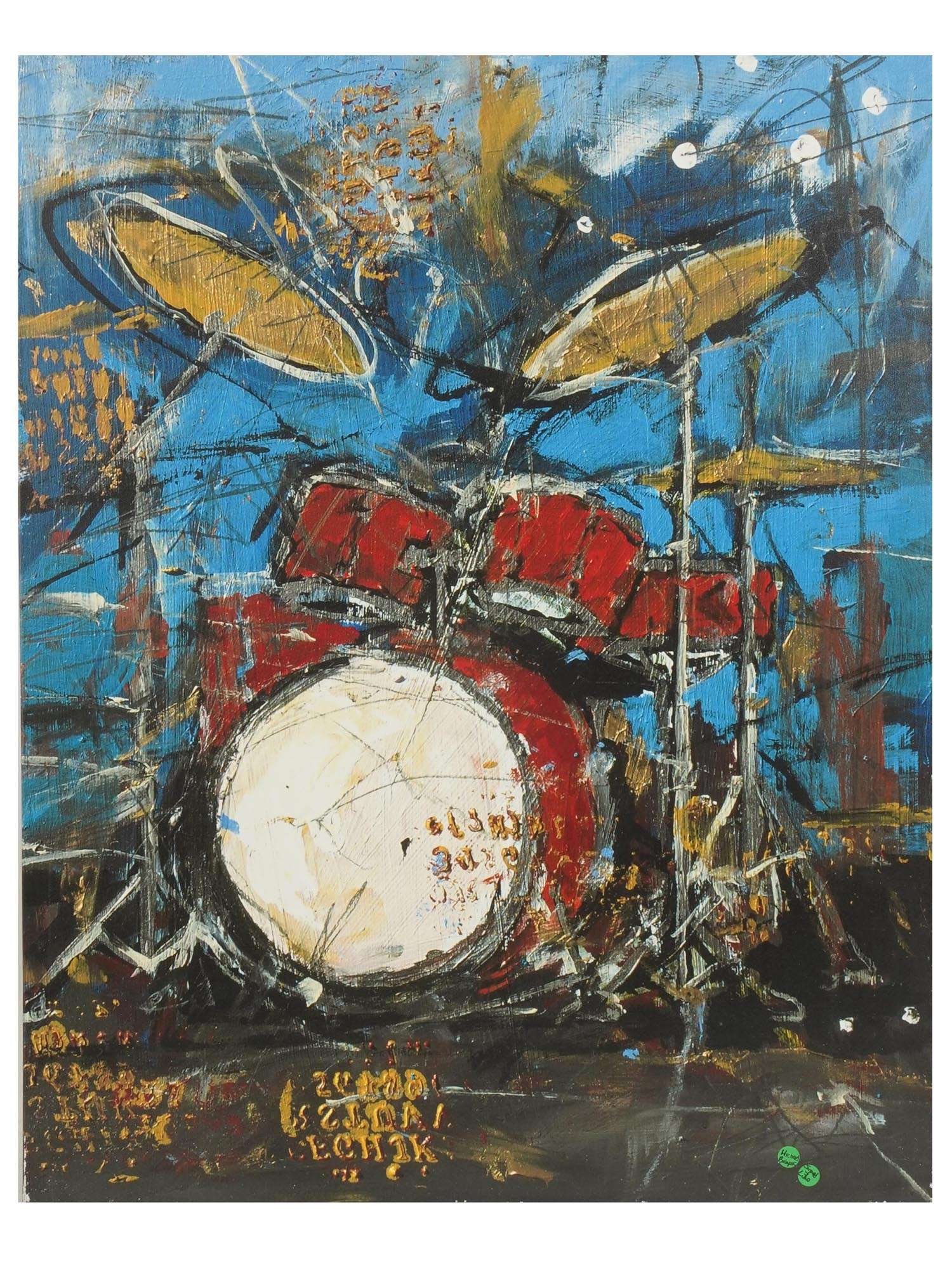 AMERICAN COLOR LITHOGRAPH DRUMS BY MICHAEL BABYAK: Michael Babyak, color lithograph on canvas depicting a drum kit. Signed, dated 2006 and numbered 40 of 595 on the back in pencil. Michael Babyak, an American artist, in 1993, moved to New York and exh