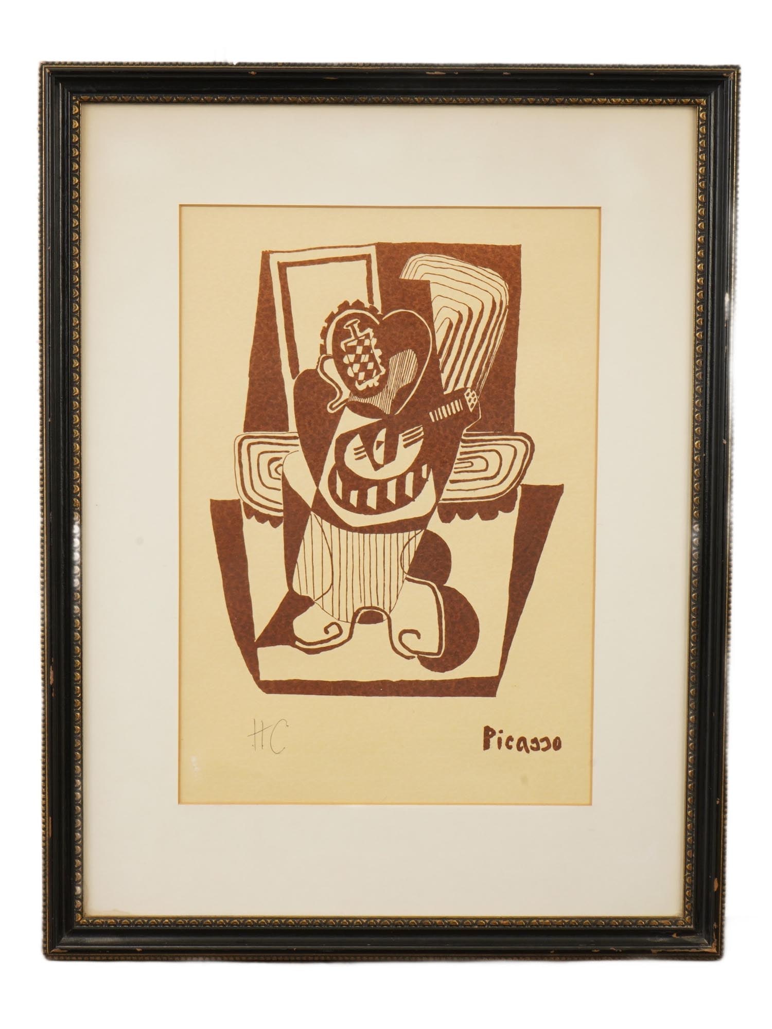 VINTAGE SURREAL WOODBLOCK PRINT SIGNED PICASSO: A vintage surreal woodblock print signed Picasso lower right. Marked H C lower left which stands for Hors Commerce, not for sale, prints that are not part of the main edition and are intended for the 