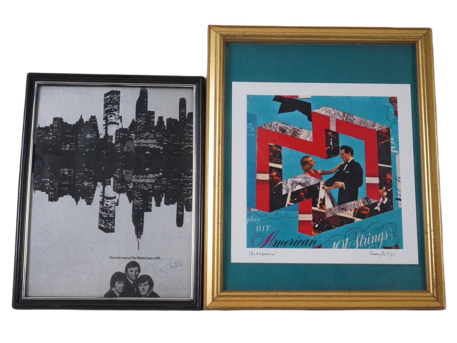 VINTAGE MUSIC PRINTS LETTERMEN 101 STRINGS ORCHESTRA: Two vintage music-related prints associated with The Lettermen and 101 Strings Orchestra. The black-and-white piece on the left corresponds to The Lettermen Live at The Waldorf June 1, 1971, presentin