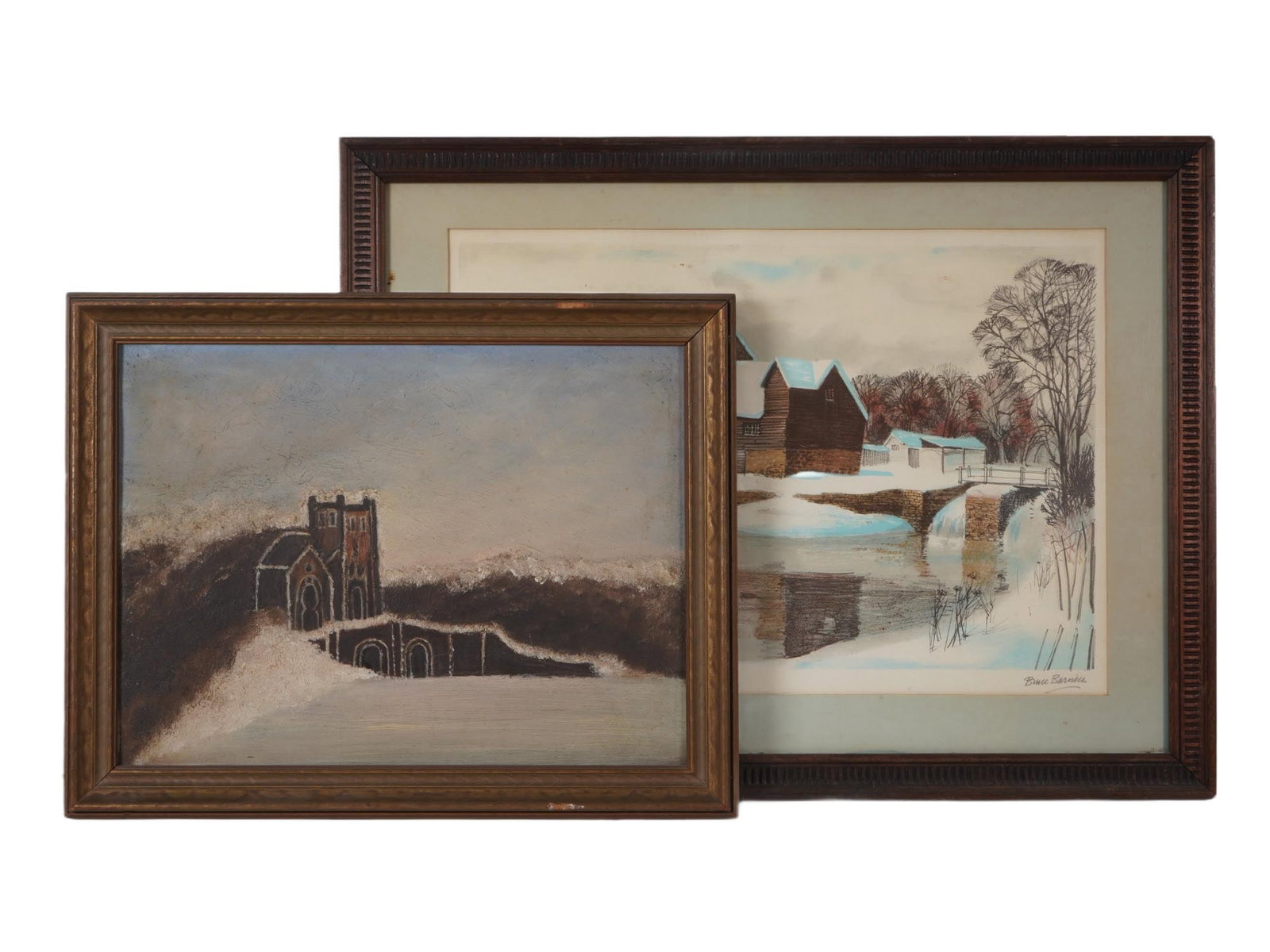 WINTER LANDSCAPE PAINTING AND COLORED LITHOGRAPH: Two winter landscape artworks, including one oil painting on board and one colored lithograph, both depicting snowy scenes with architectural elements such as a church tower, buildings, and a bridge. 
