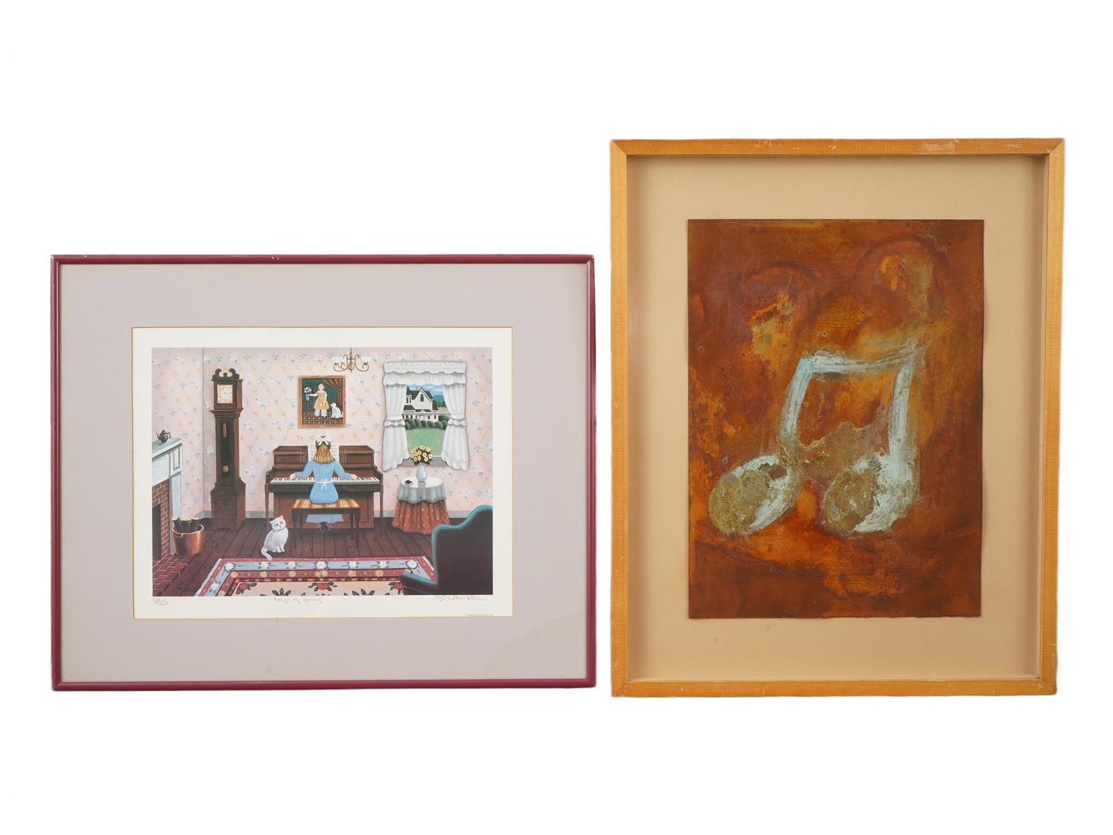 AMERICAN PAINTING AND PRINT SIGNED STEVEN KLEIN: Two artworks by American naive-style painter Steven Klein, born 1946, including one oil on canvas painting and one signed print. The print, titled Songs of Spring, depicts a girl playing the piano wit