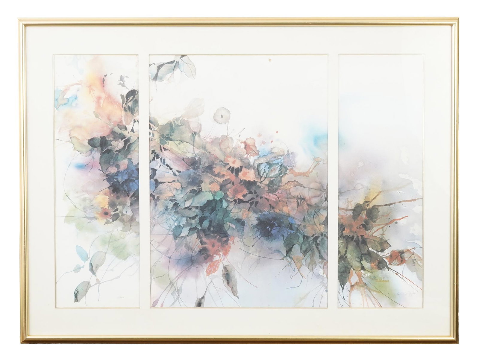 DOLORES ANN ZIEGLER AMERICAN LTD OFFSET LITHOGRAPH: A vintage American limited edition triptych offset lithograph by Dolores Ann Ziegler. The artwork depicts an airy floral composition in pastel colors. Signed in pencil by the artist lower right. Numbe