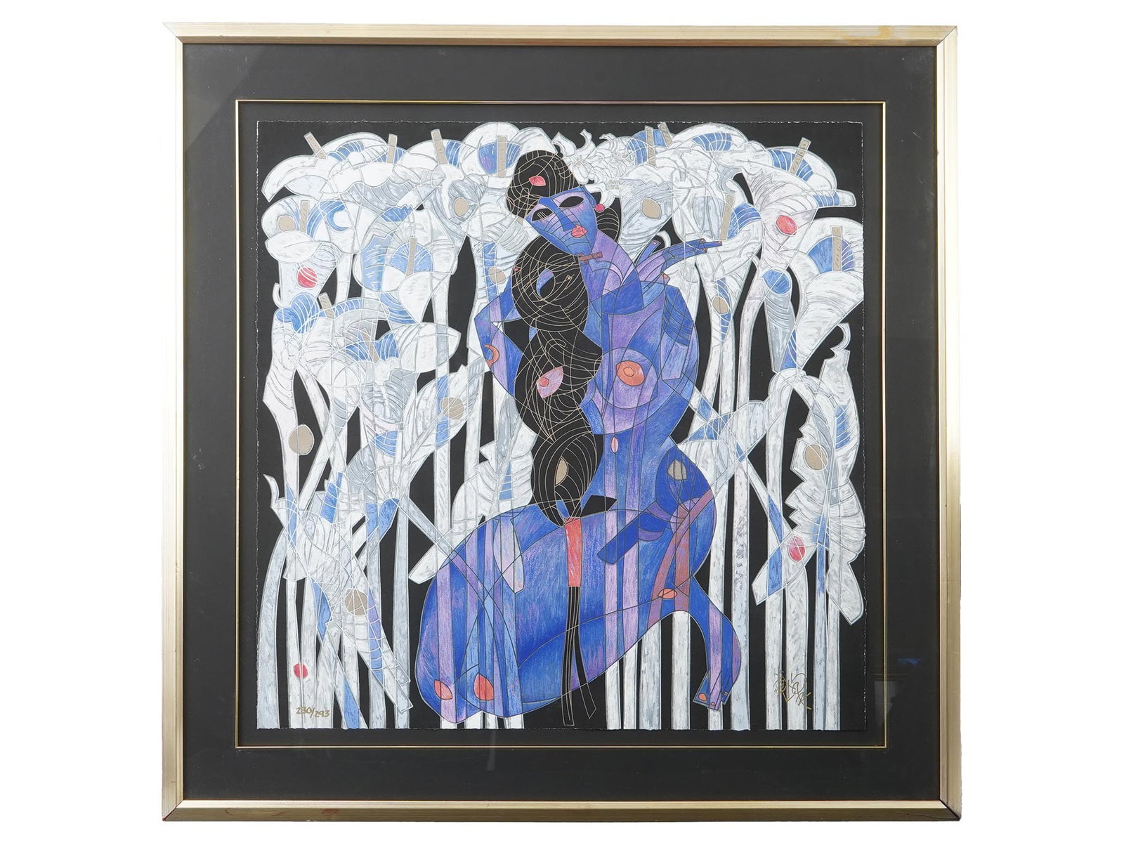 LARGE LTD CHINESE SERIGRAPH BY JIANG TIEFENG 1987: Tiefeng Jiang, Chinese, born 1938, a large limited edition serigraph on paper, Calla Lilies, 1987. The artwork depicts a semi-abstract composition featuring a seated nude girl among white flowers. Num