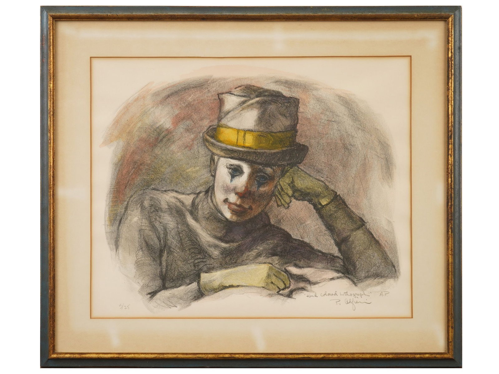 PHILIPPE ALFIERI CLOWN PORTRAIT COLOR LITHOGRAPH: Philippe Alfieri, American-Italian, 1921 to 2009, color lithograph on paper. Portrait of a clown. Signed and marked AP, Artists Proof lower right. Numbered 3 out of 25 lower left. Framed. Philippe Alf