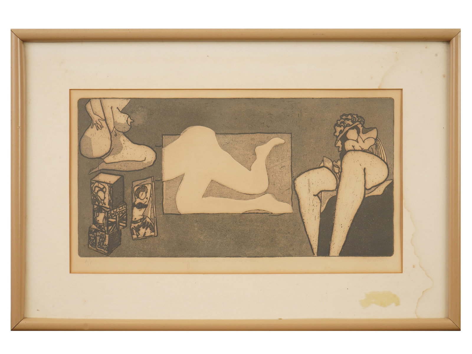 LIMITED EDITION FEMALE NUDE ENGRAVING SIGNED MURANTE: Engraving on paper. Abstract composition composed of female nudes. Titled My Bonnie Lies Over the Room. Signed Murante and dated 1974 lower right. Marked AP, Artists Proof lower left. Framed. Collecti