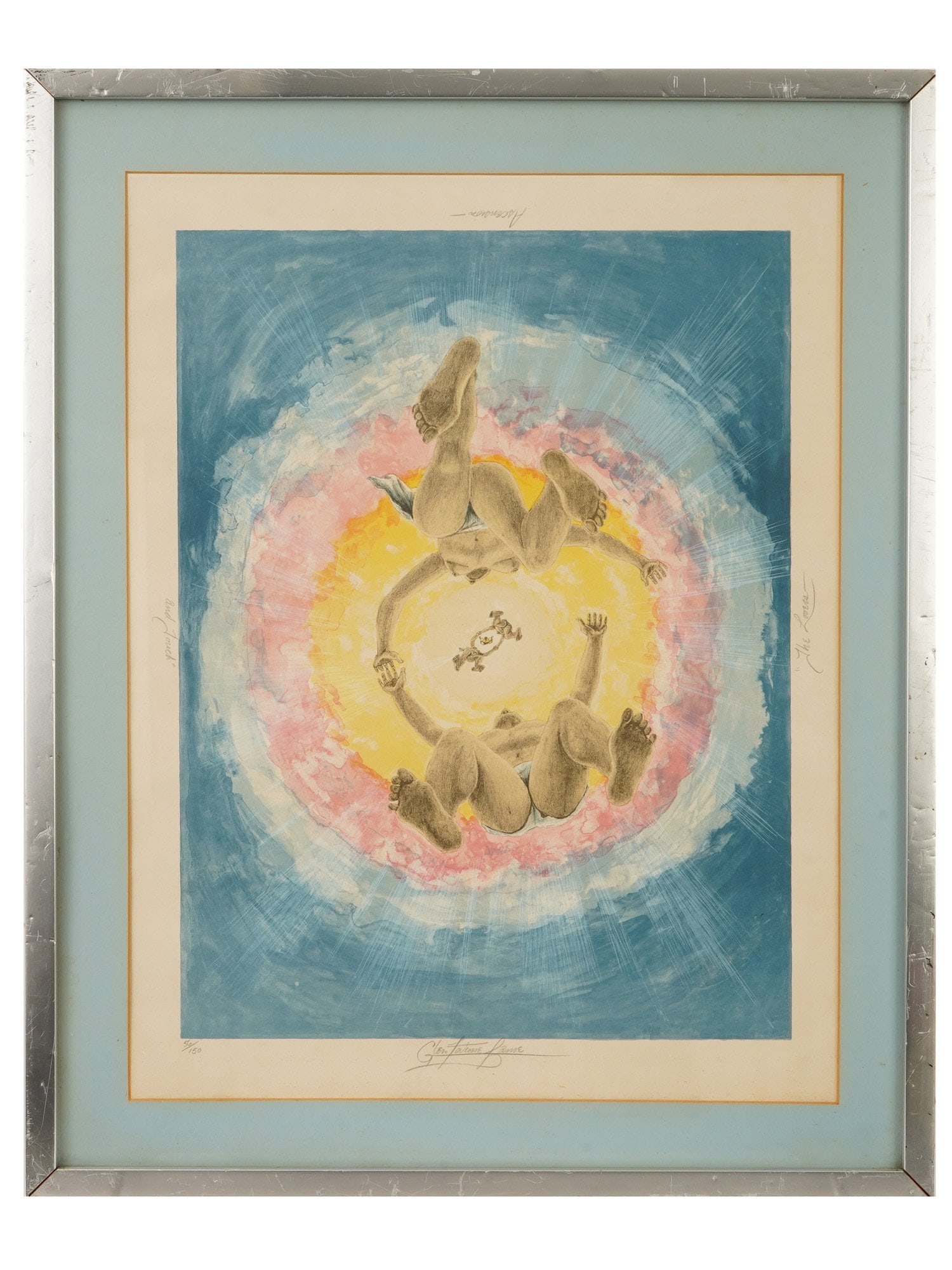 VINTAGE LIMITED EDITION COLOR LITHOGRAPH SIGNED: Color lithograph on paper. American, late 20th century. The artwork depicts nude couples ascending to Heaven. Titled The Lovers, Ascension, and Touch. Numbered 56 out of 150 lower left. Signed bottom 