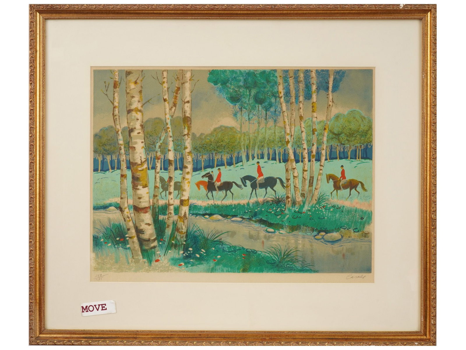 FRANCESCO CASALS EQUESTRIAN LTD ED COLOR LITHOGRAPH: Francesco Casals, Spanish, born 1921, color lithograph on paper. A group of riders on horseback strolling along the river. Signed lower right. Undated. Numbered 169 out of 275. Framed. Francesco Casal