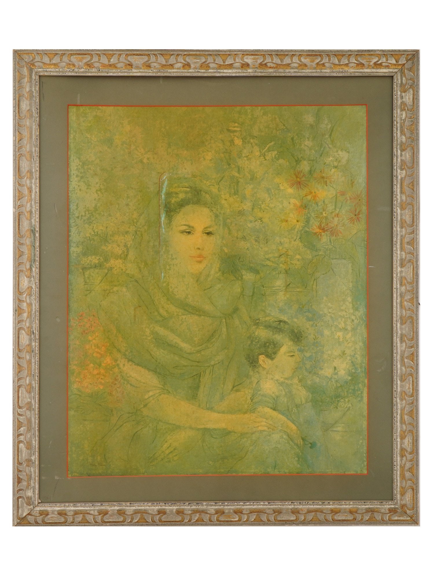 MARY MILLER COLOR LITHOGRAPH MOTHER AND CHILD: Mary Miller, American, 20th century, color lithograph on cardboard. Double portrait of a mother and her son. Green color palette. Titled Quiet Moment. Signed in plate lower left. Framed. Collectible G