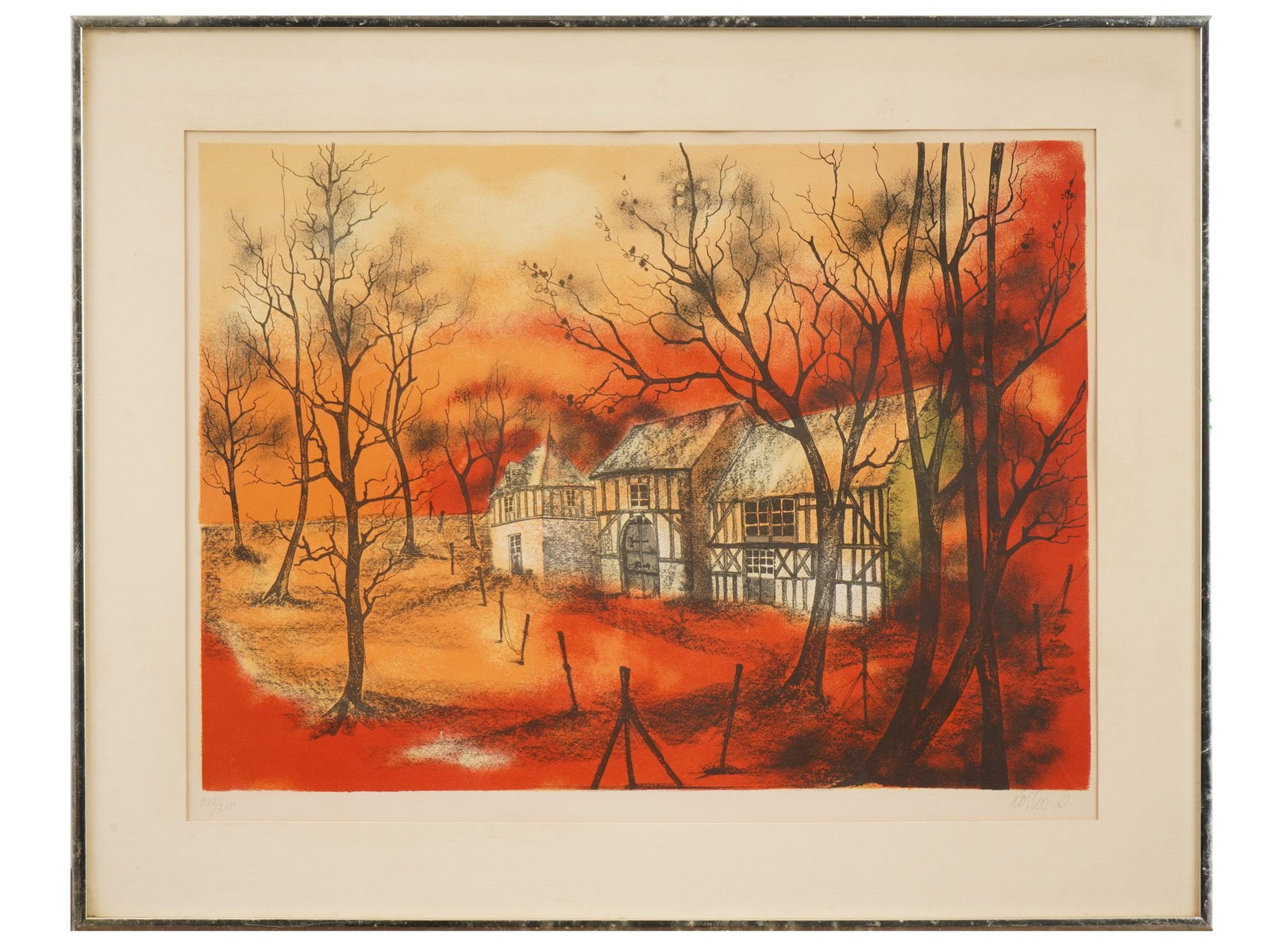 JEANNINE BLANCHETEAU FRENCH LITHOGRAPH LA FERME: Jeannine Blancheteau, French, 1928 to 2012, known as Kostia, a color lithograph, La ferme. The scene contrasts a fiery orange and crimson sunset with dense black-ink winter trees and half-timbered far
