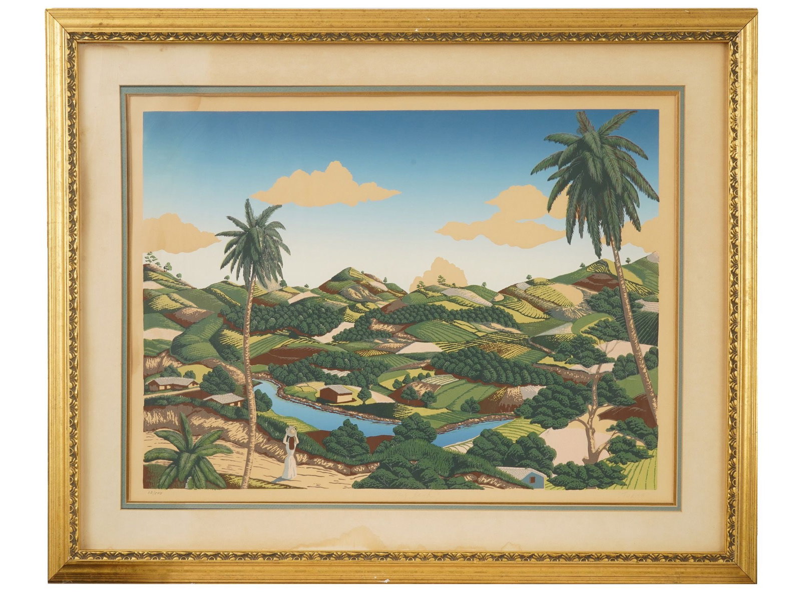 COLOR LITHOGRAPH PRINT MY LAND SIGNED TURISH: A limited-edition color lithograph print, titled My Land and signed Turish. The tranquil, stylized landscape features terraced hills, small houses, a winding river, and palm trees. Numbered 37 of 500 