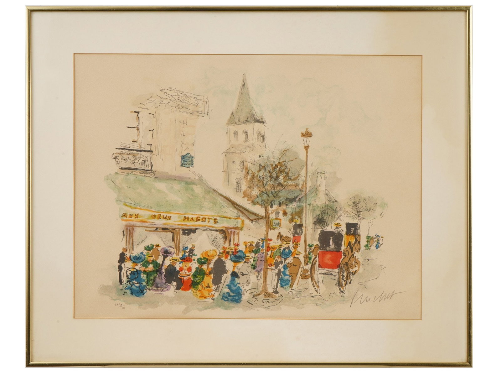 URBAIN HUCHET FRENCH LITHO PARIS CAFE LES DEUX MAGOTS: Urbain Huchet, French, 1930 to 2014, a color lithograph depicting the Paris cafe Les Deux Magots in Saint-Germain-des-Pres. A lively crowd gathers beneath the cafes green awnings, with the churchs Rom