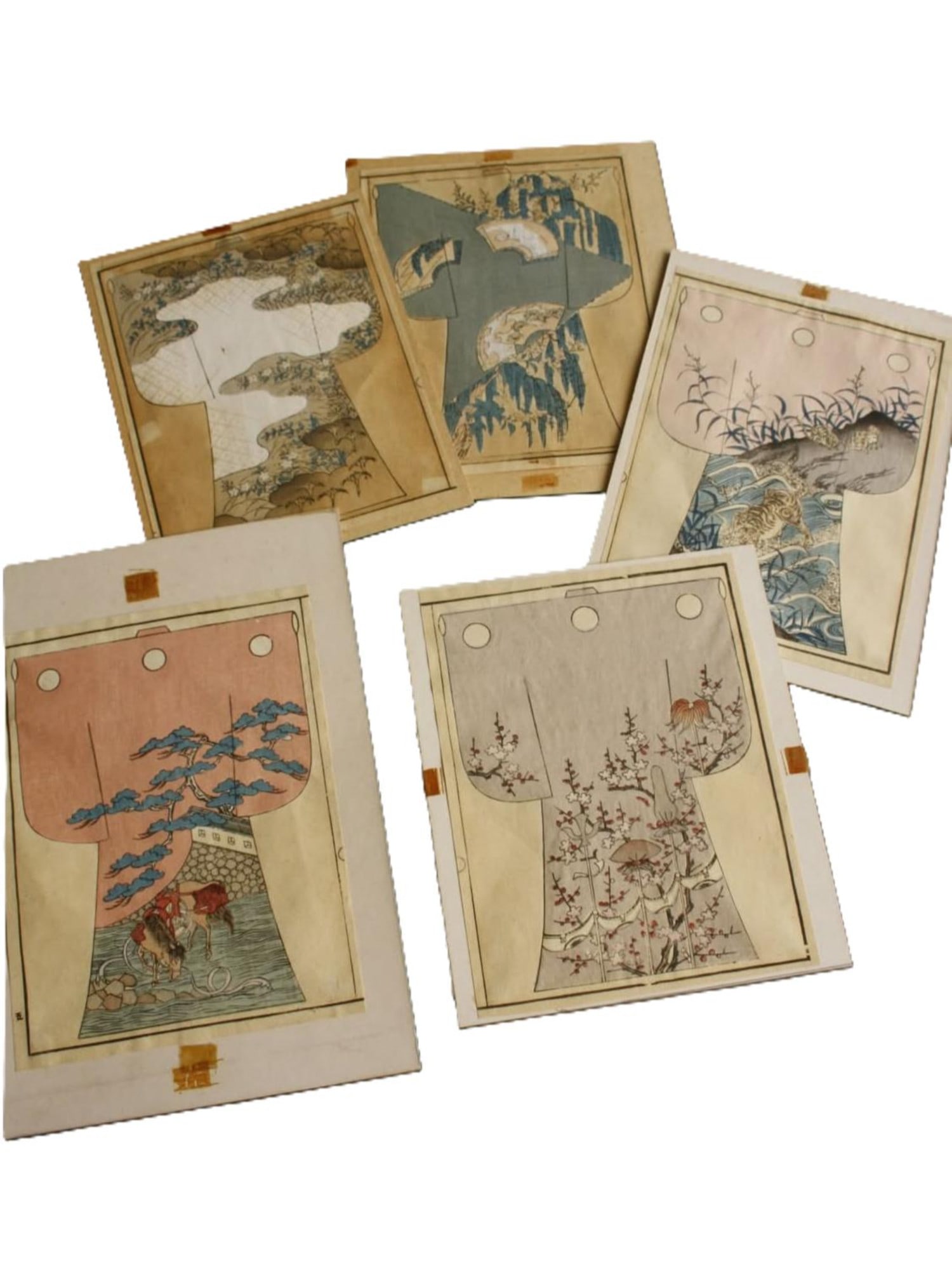 RARE EDO MEIJI KIMONO HINAGATA WOODBLOCKS COMPLETE SET: A rare set of five original Japanese woodblock prints from a hinagata-bon—kimono design pattern sheets used by Kyoto textile workshops as guides for garment decoration. Unlike decorative ukiyo-e, th