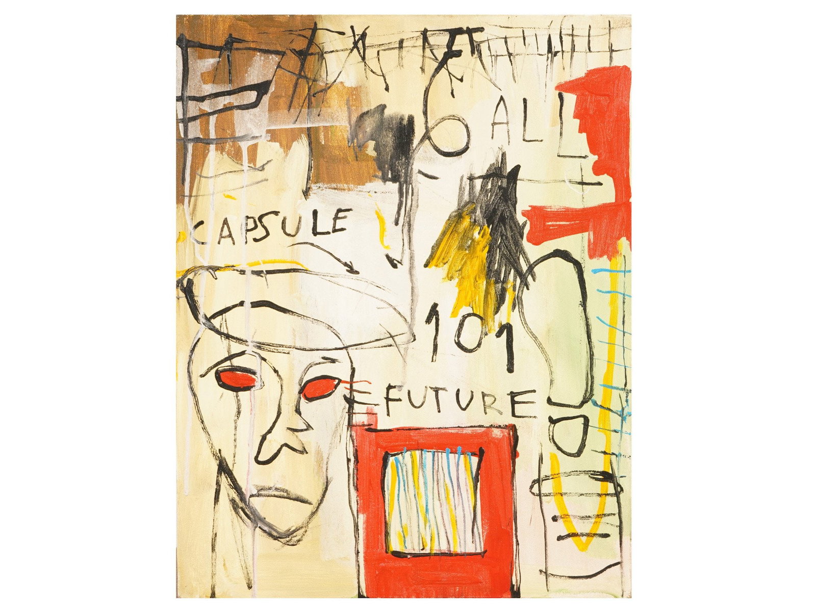 JEAN MICHEL BASQUIAT MANNER ACRYLIC PAINTING W COA: An acrylic painting on canvas depicting an Abstract Expressionist composition in the manner of Jean Michel Basquiat. Inscribed and dated 82, on the backside. A label with a number, on the backside. Co