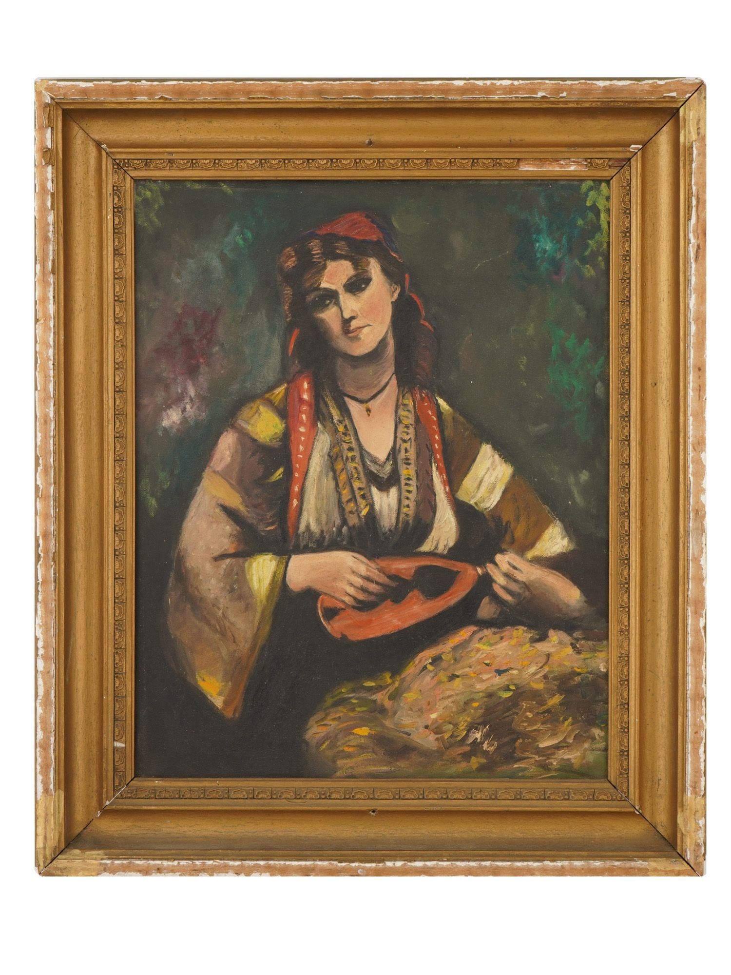 PORTRAIT OIL PAINTING AFTER JEAN BAPTISTE CAMILLE COROT: An oil painting on canvas depicting a portrait of a woman after the original painting, Gypsy with a Mandolin, 1874 by Jean Baptiste Camille Corot, 1796 to 1875. Unsigned. Framed. Jean Baptiste Camille