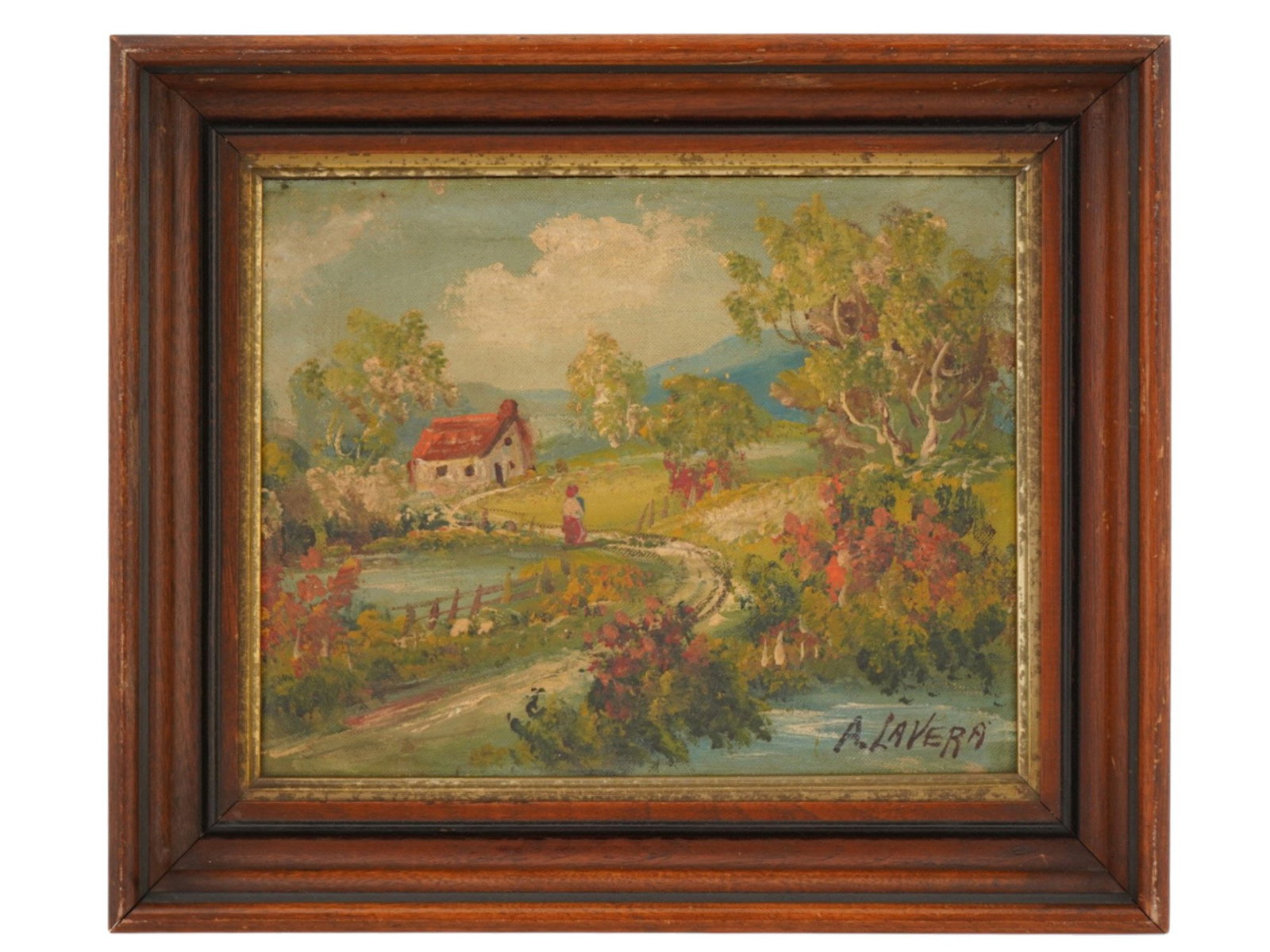 LAVERA ANN POHL AMERICAN LANDSCAPE OIL PAINTING: LaVera Ann Pohl, American, 1901 to 1981, oil on canvas painting. The artwork depicts a serene pastoral landscape featuring a small red-roofed cottage nestled among lush greenery and trees. Signed in t