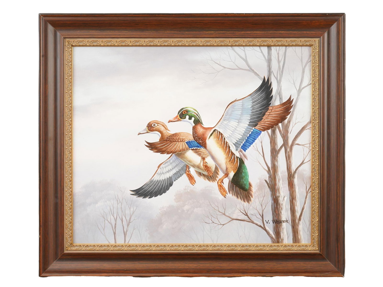 AMERICAN SCHOOL DUCKS OIL PAINTING SIGNED BY ARTIST: An American School oil painting on canvas depicting a genre scene with two flying ducks. Signed by the artist, V. Webber, lower right. Framed. Modernist and Contemporary Fine Art, Bird Oil Paintings, 