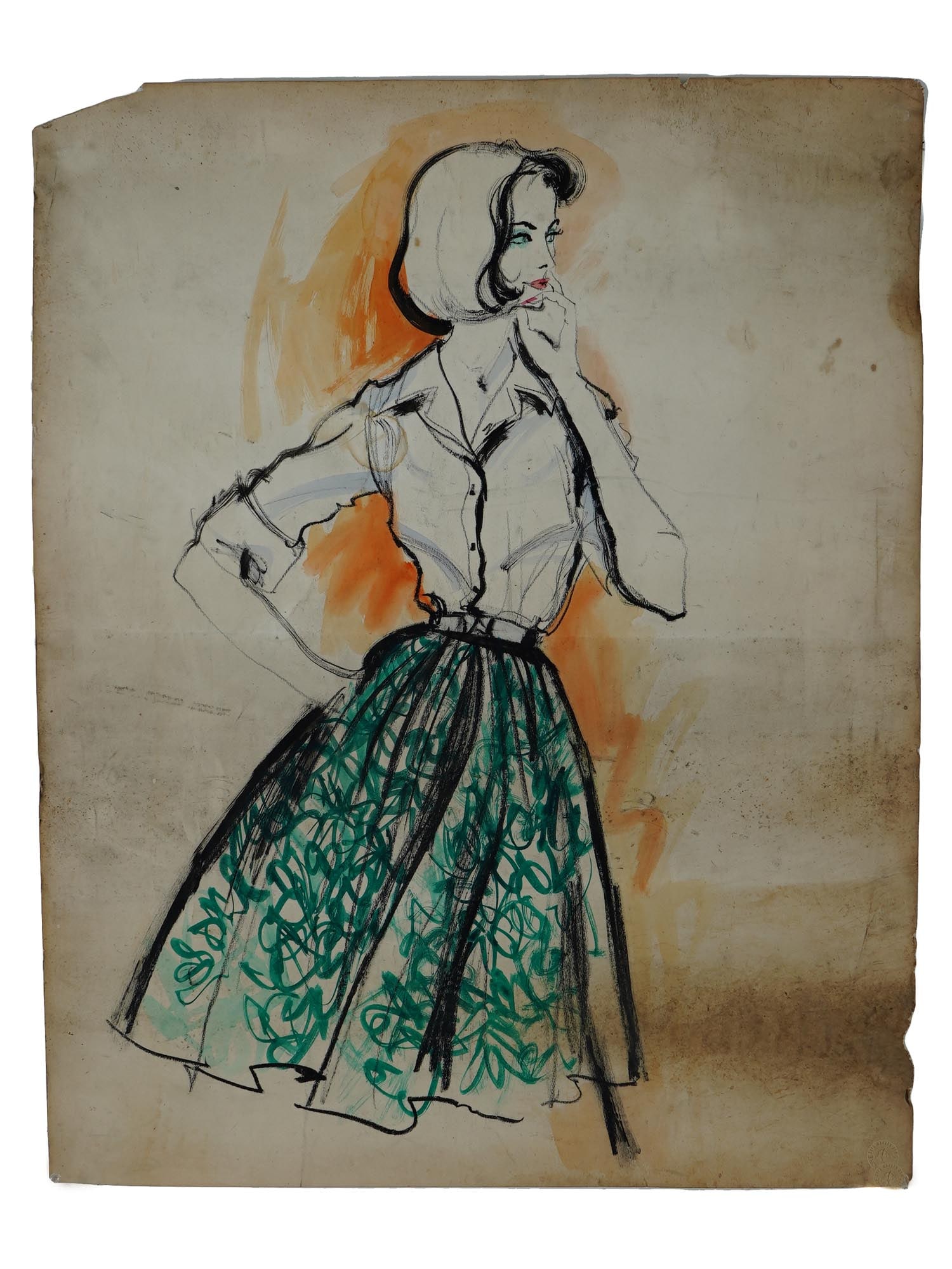 AMERICAN LADY FASHION SKETCH MIXED MEDIA PAINTING: A Modern American mixed media painting on Strathmore paper representing a female fashion costume sketch design. Unsigned. Circa: Mid 20th century. marked with a watermark. Vintage and Modern Fashion I