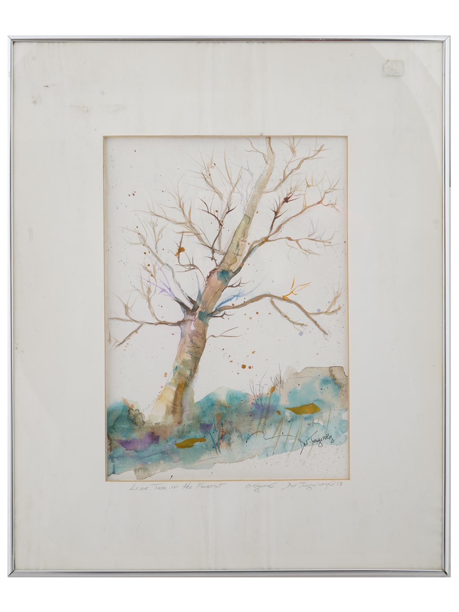 DEL TURGELSKY AMERICAN LANDSCAPE WATERCOLOR PAINTING: Watercolor on paper painting by Del Turgelsky, a contemporary American artist based in New Jersey. The artwork represents a tree. Titled Lone Tree in the Forest below. Signed by the artist in the lowe