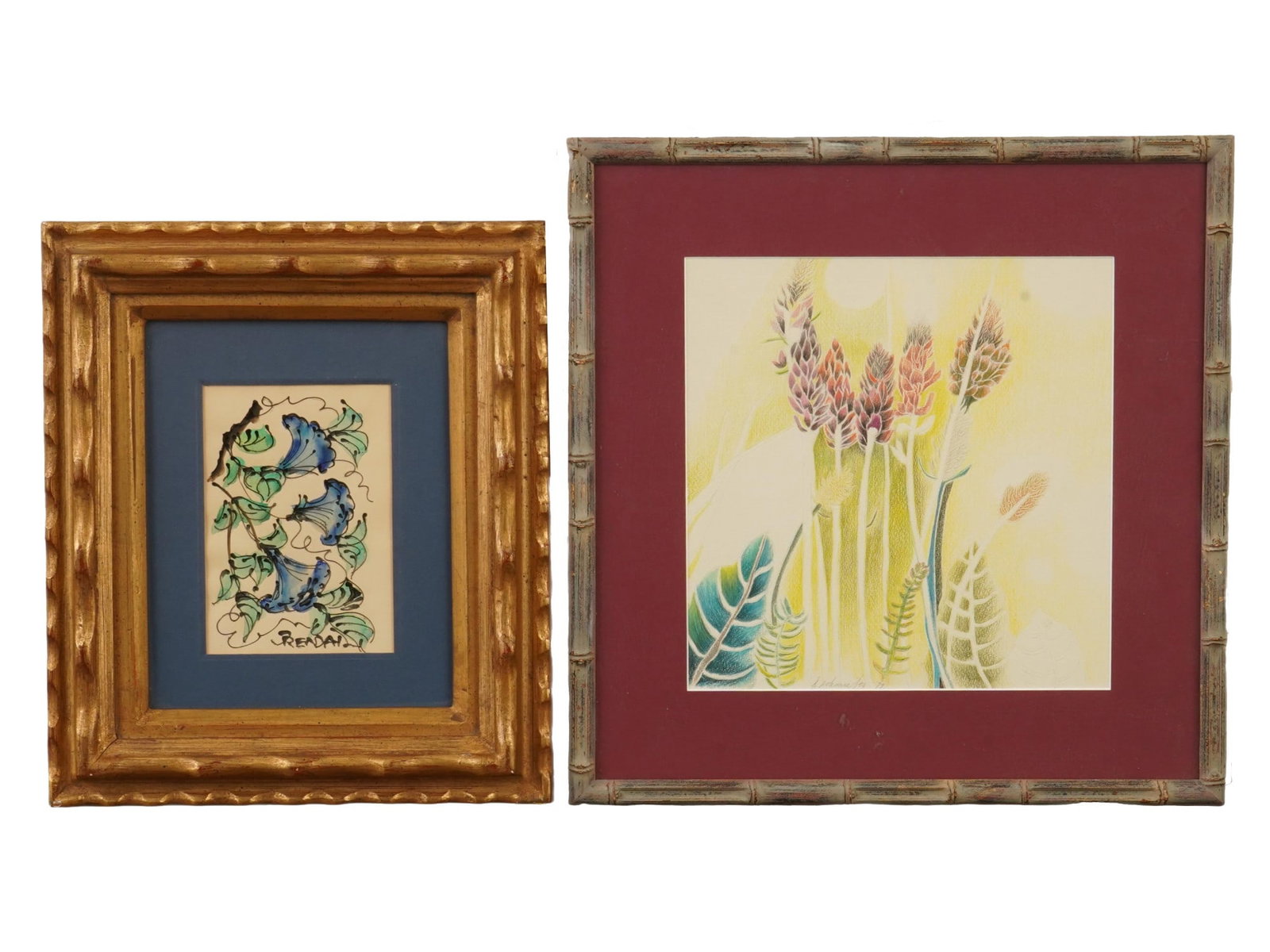 TWO BOTANICAL WATERCOLOR AND PASTEL PAINTINGS SIGNED: A lot of two botanical watercolor and pastel on paper paintings depicting flowers. One features a watercolor paintig with blue flowers and the other one features a pastel painting mostly in green and 