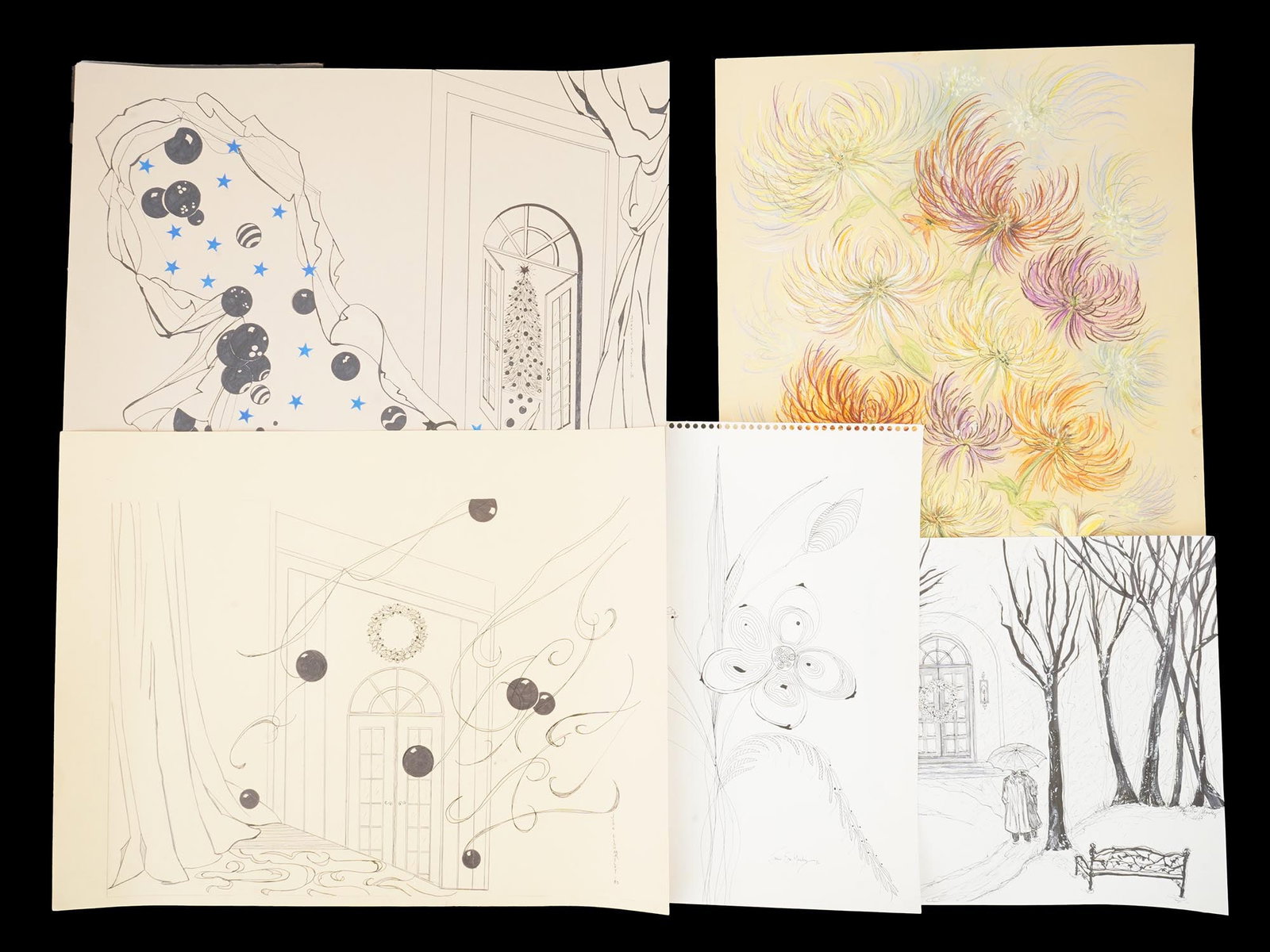 LOT OF MIXED MEDIA PAINTINGS BY JOAN ELSO MASLEY: Joan Elso Masley, a Contemporary American artist, a collection of five mixed media paintings on paper depicting still lifes with flowers, winter holiday genre scenes, and others. Signed and dated 81, 