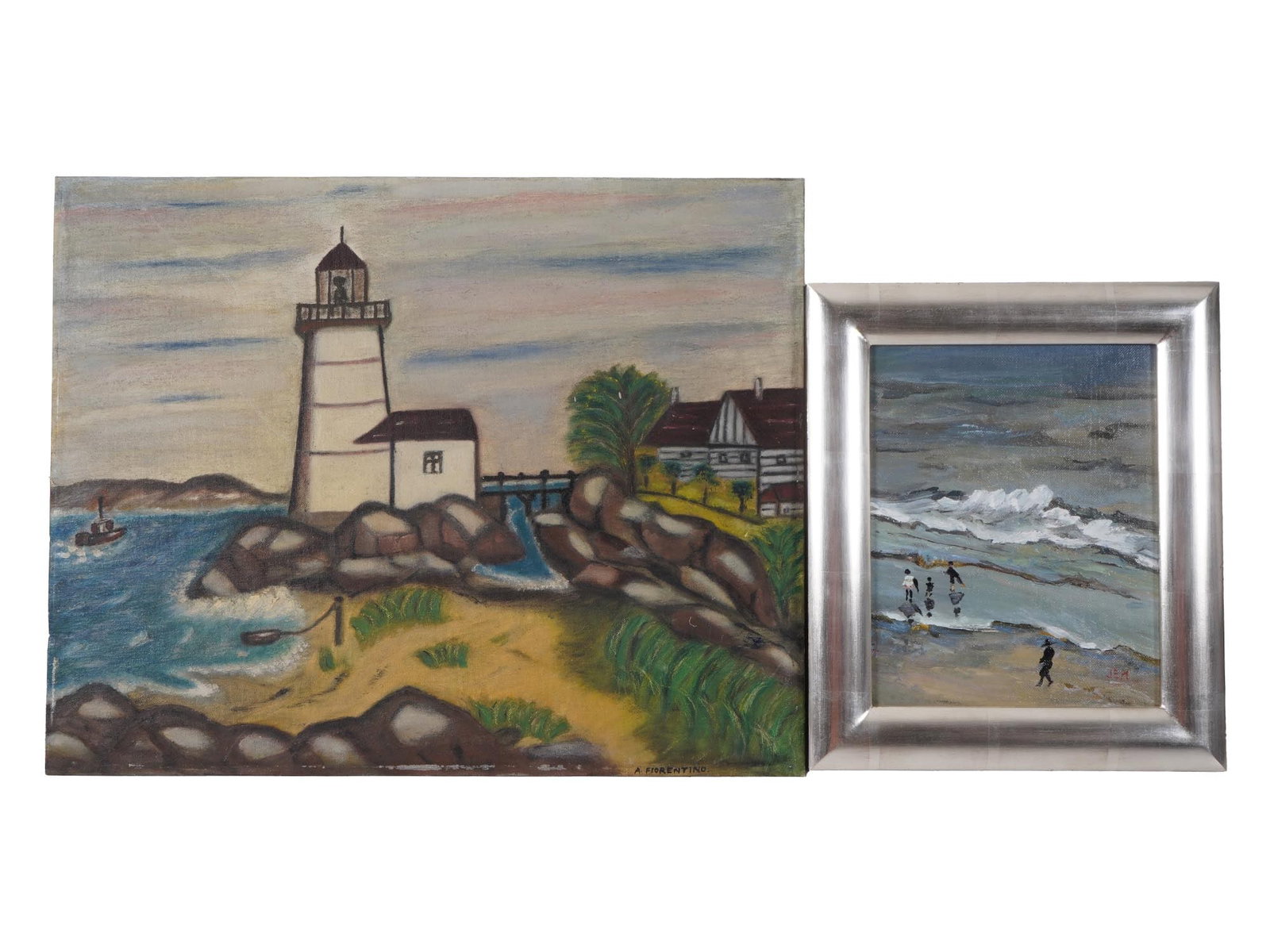 TWO OIL SEASCAPE PAINTINGS ONE BY A FIORENTINO: A lot of two oil on masonite seascape paintings. The first painting, in a primitivist manner, depicts a white lighthouse on the seashore and is signed A. Fiorentino lower right. The second painting de