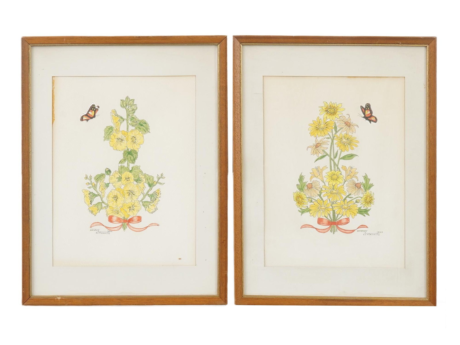MIX MEDIA BOTANICAL PAINTINGS BY DOROTHY SLOTKOWITZ: A lot of two vintage mid-century mixed media botanical paintings on paper by Dorothy Slotkowitz. Both artworks depict yellow mallow flowers tied with a red ribbon. Signed by the artist lower right and