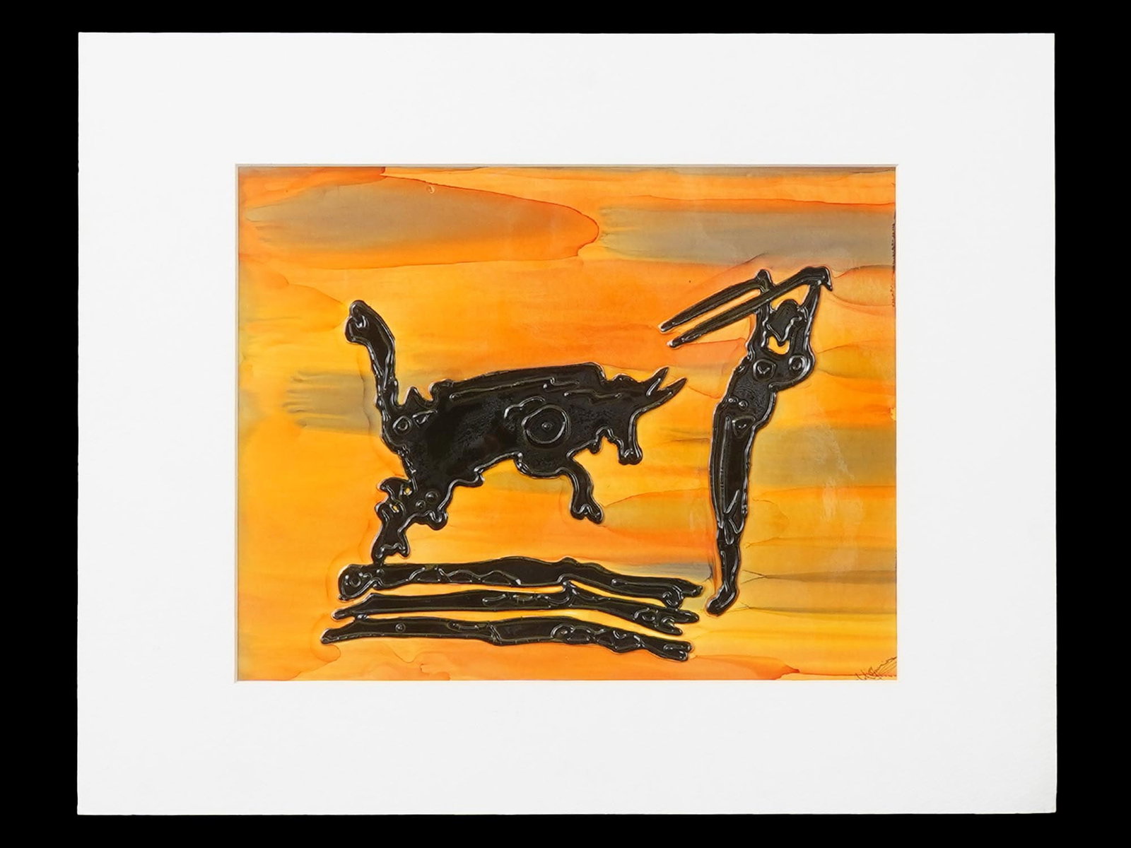 MIXED MEDIA PAINTING BULLFIGHTER AFTER PABLO PICASSO: A mixed media painting on paper after an original painting Bullfight III, 1960 by Pablo Picasso, depicting a Bullfighter and bull rendered in black on an orange background. Inscribed on the back side 