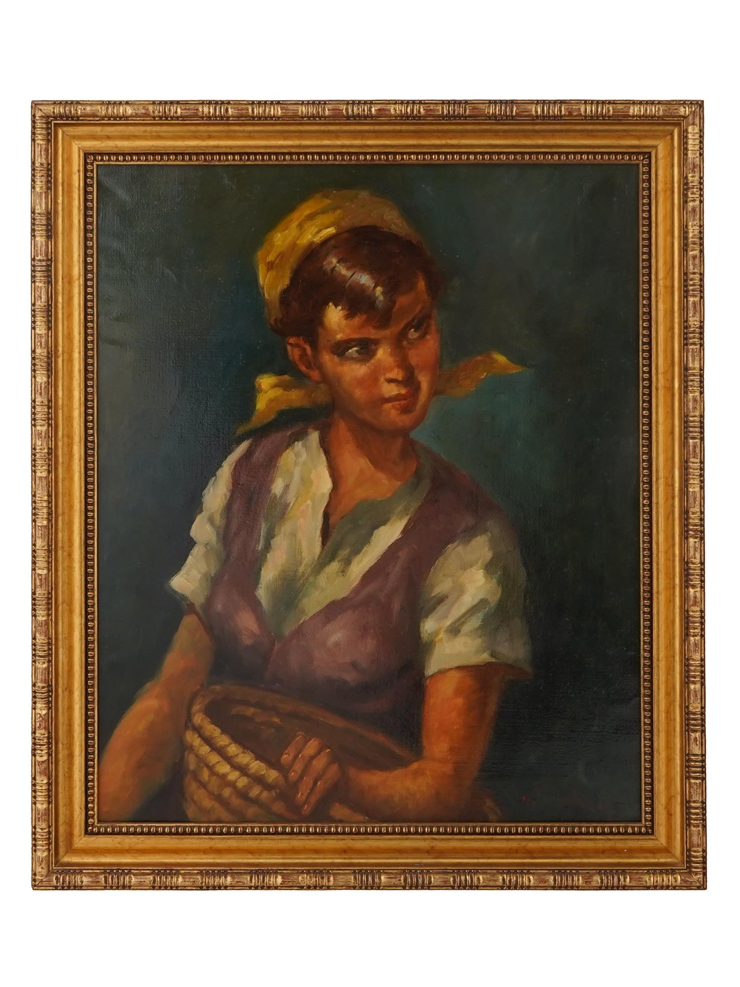 MIDCENT FEMALE PORTRAIT OIL PAINTING SIGNED K. NUSS: Oil on canvas painting. European, mid-20th century. The artwork depicts a portrait of a peasant girl with a weaved basket. Signed in the lower right, K. Nuss. Framed. Collectible Fine Art, Portraiture
