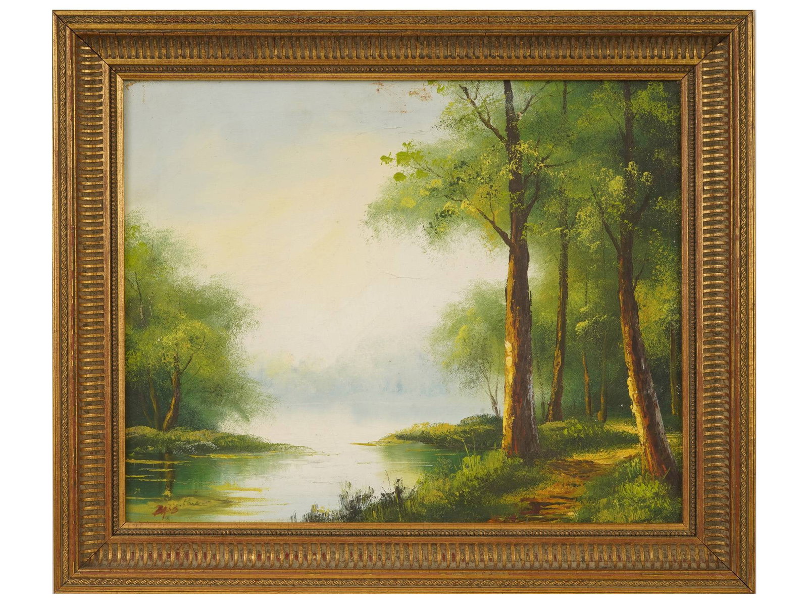 MID CENTURY OIL LANDSCAPE PAINTING WOODLAND PATH: A mid-century oil landscape painting on canvas depicting a tranquil woodland path beside a calm lake, signed lower left. Presented in a gilt frame. Mid-Century Landscape Paintings And Art Collectibles