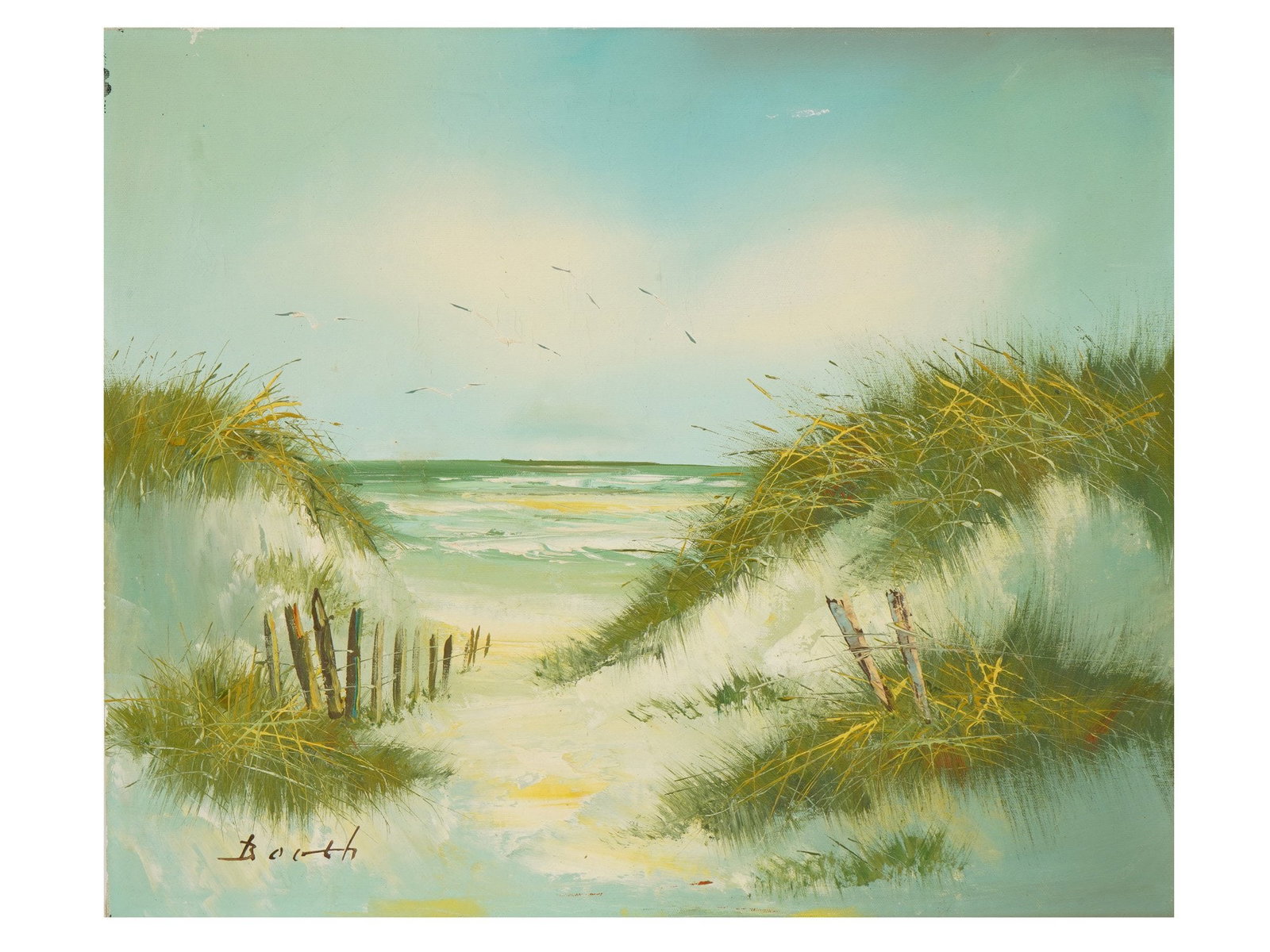 MID CENTURY OIL PAINTING OF A COASTAL SEASCAPE: A mid-century oil painting on canvas depicting a coastal seascape. Signed Booth lower left. The painting shows a sandy path leading to the ocean, bordered by grassy dunes, weathered fences, and seagul