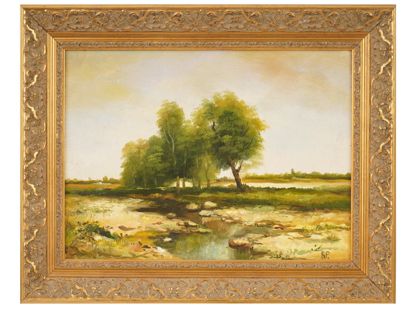 MID CENTURY OIL LANDSCAPE PAINTING OF A WOODED SCENE: A mid-century oil landscape painting on canvas depicting a tranquil wooded scene with a stream. Signed RP lower right. Executed in a soft Impressionist style. Framed. Mid-Century Paintings And Art Col