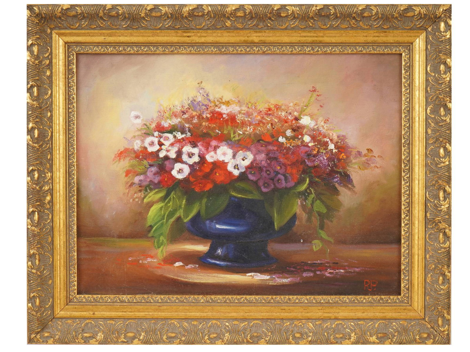 MID CENTURY OIL STILL LIFE PAINTING BOUQUET OF FLOWERS: A mid-century oil still life painting on canvas depicting a vibrant bouquet of mixed flowers in a cobalt blue vase. Signed RP lower right. Executed in a soft Impressionist style. Framed. Mid-Century P