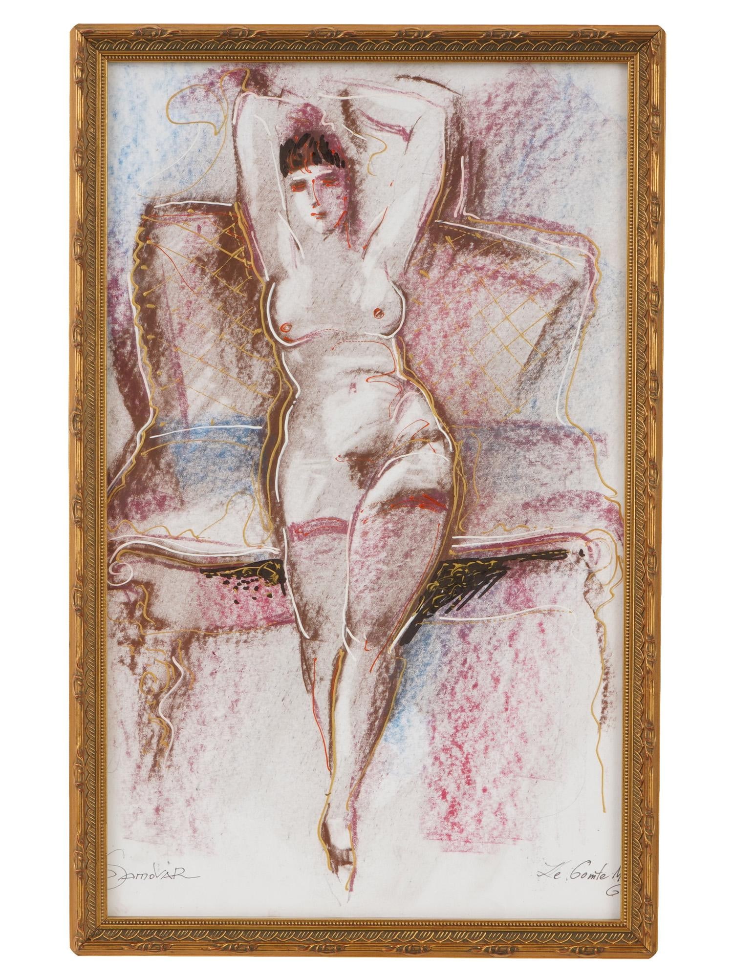 FEMALE NUDE MIXED MEDIA PAINTING SIGNED LE COMTE MG: Mixed media painting on paper. Pastel, ink, and oil. Reclining female nude on a sofa. Signed lower right, Le Comte MG. Inscribed Samovar lower left, presumably referring to the famous Russian restaura