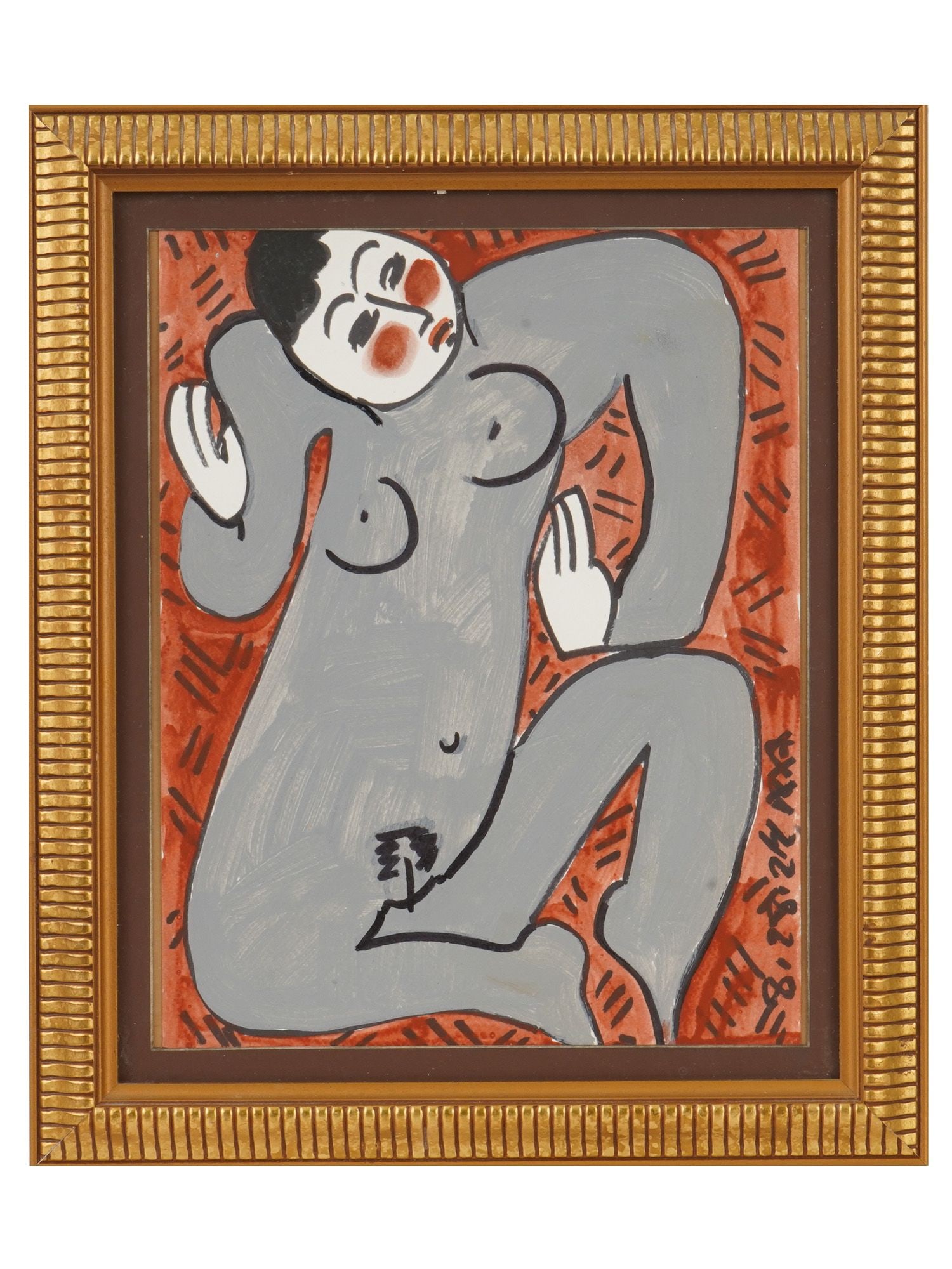 FEMALE NUDE WATERCOLOR PAINTING ON PAPER: Watercolor painting on paper. Abstract female nude executed in Post Impressionist style with a limited color palette of grey, red, white and black. Dated 8-28-24 lower right. Unsigned. Framed. Collect