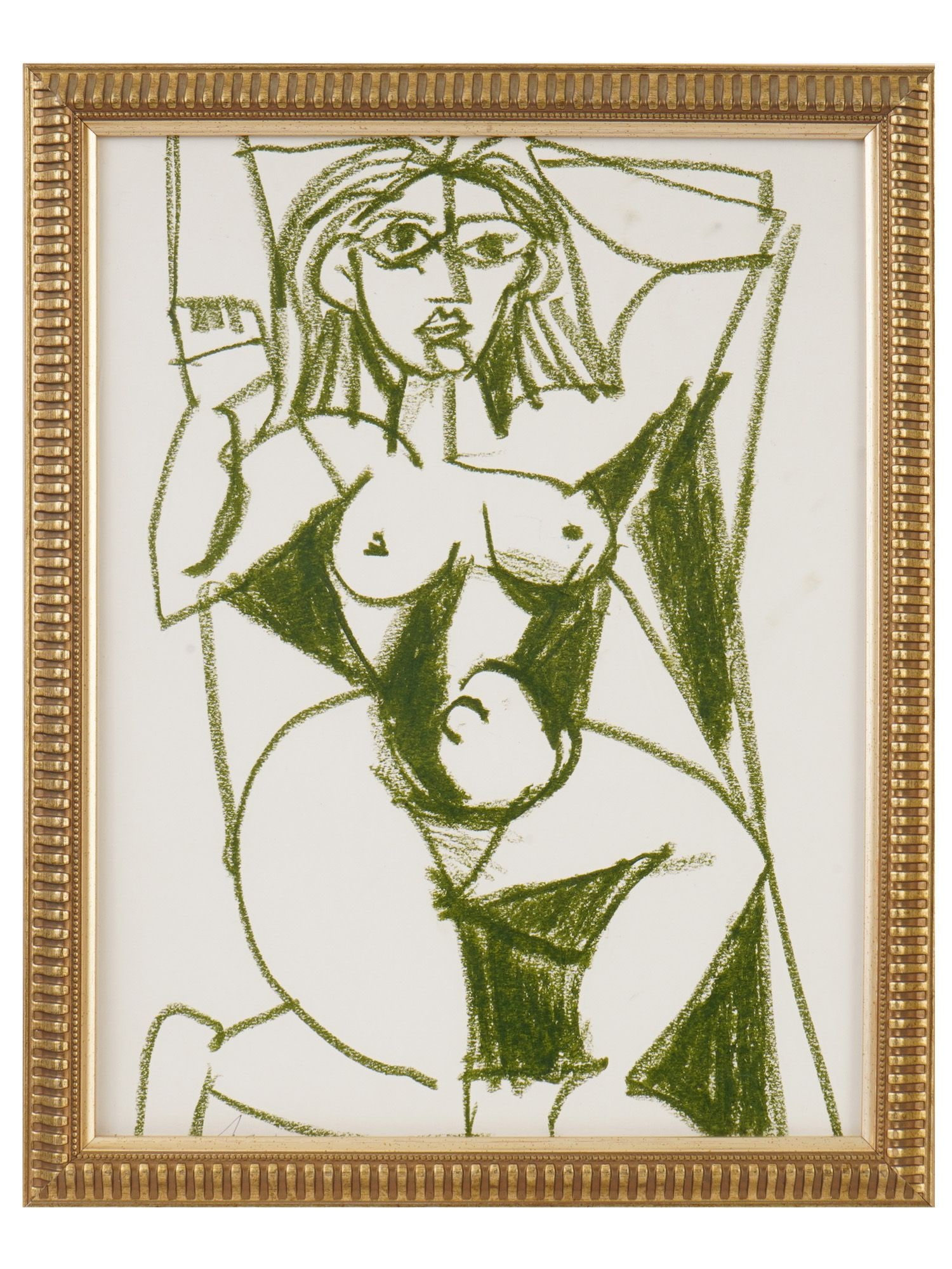 CONTEMPORARY CUBIST PAINTING AFTER PABLO PICASSO: A contemporary Cubist-style drawing after Pablo Picasso depicting an abstract female figure, executed in dark green crayon and pencil on paper. The composition features angular forms and expressive li
