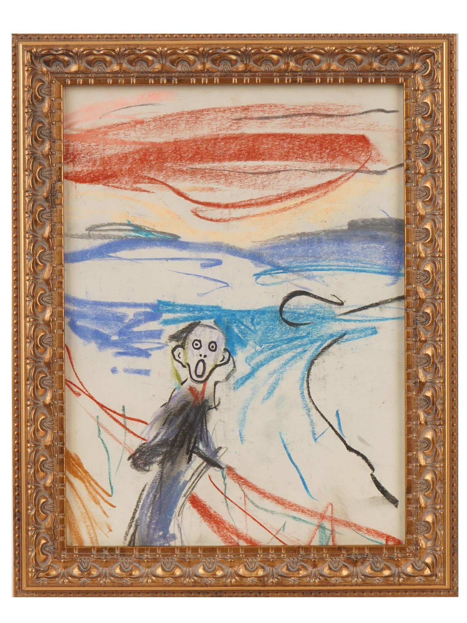MODERN SKETCH PARODY AFTER EDVARD MUNCH SCREAM: A contemporary sketch parody after Edvard Munchs iconic The Scream, rendered in a simplified cartoon style with loose colored pastel and crayon strokes on paper. Framed. Modern Drawings And Art Collec