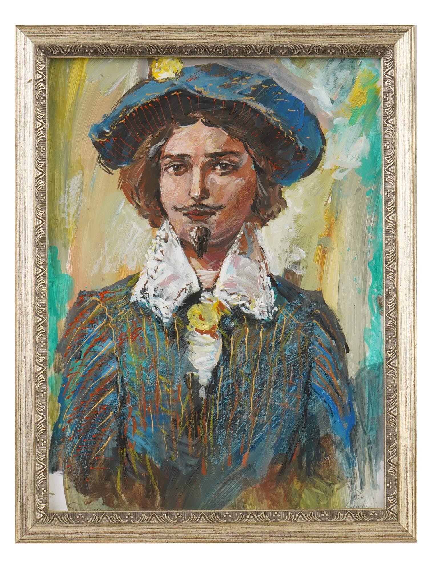MALE PORTRAIT OIL PAINTING SIGNED LE COMTE MG: Oil painting on paper. Portrait of a musketeer. Signed lower right, Le Comte MG. Inscribed Samovar lower left, presumably referring to the famous Russian restaurant based in Manhattan, NYC. Ca. late 2