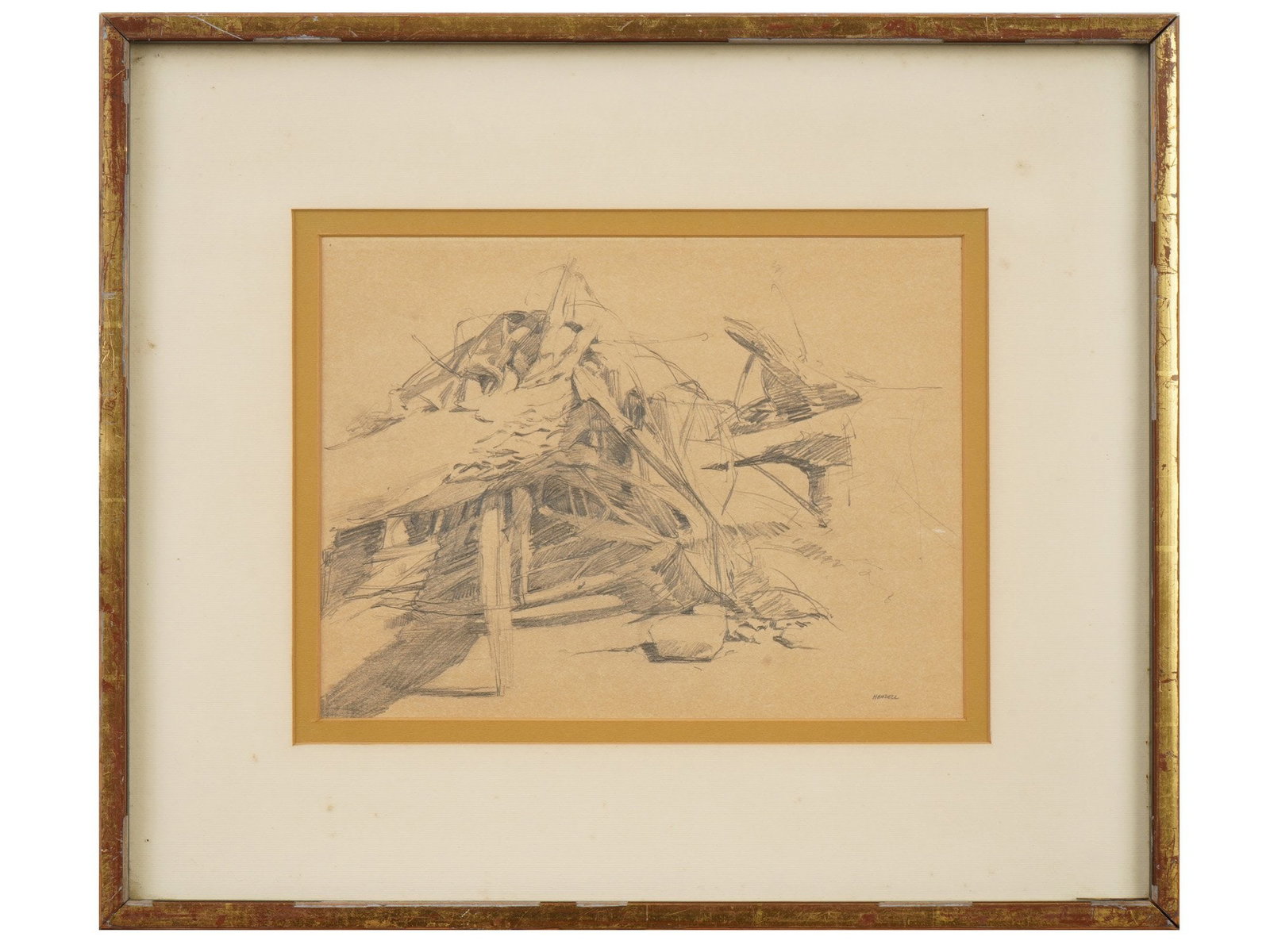 MID CENTURY PENCIL PAINTING SIGNED HANDELL: A mid-century pencil drawing on paper signed Handell at lower right. Expressive hatching with varied pencil weights renders timber or roots with dynamic form and movement. Framed. Mid-Century Painting
