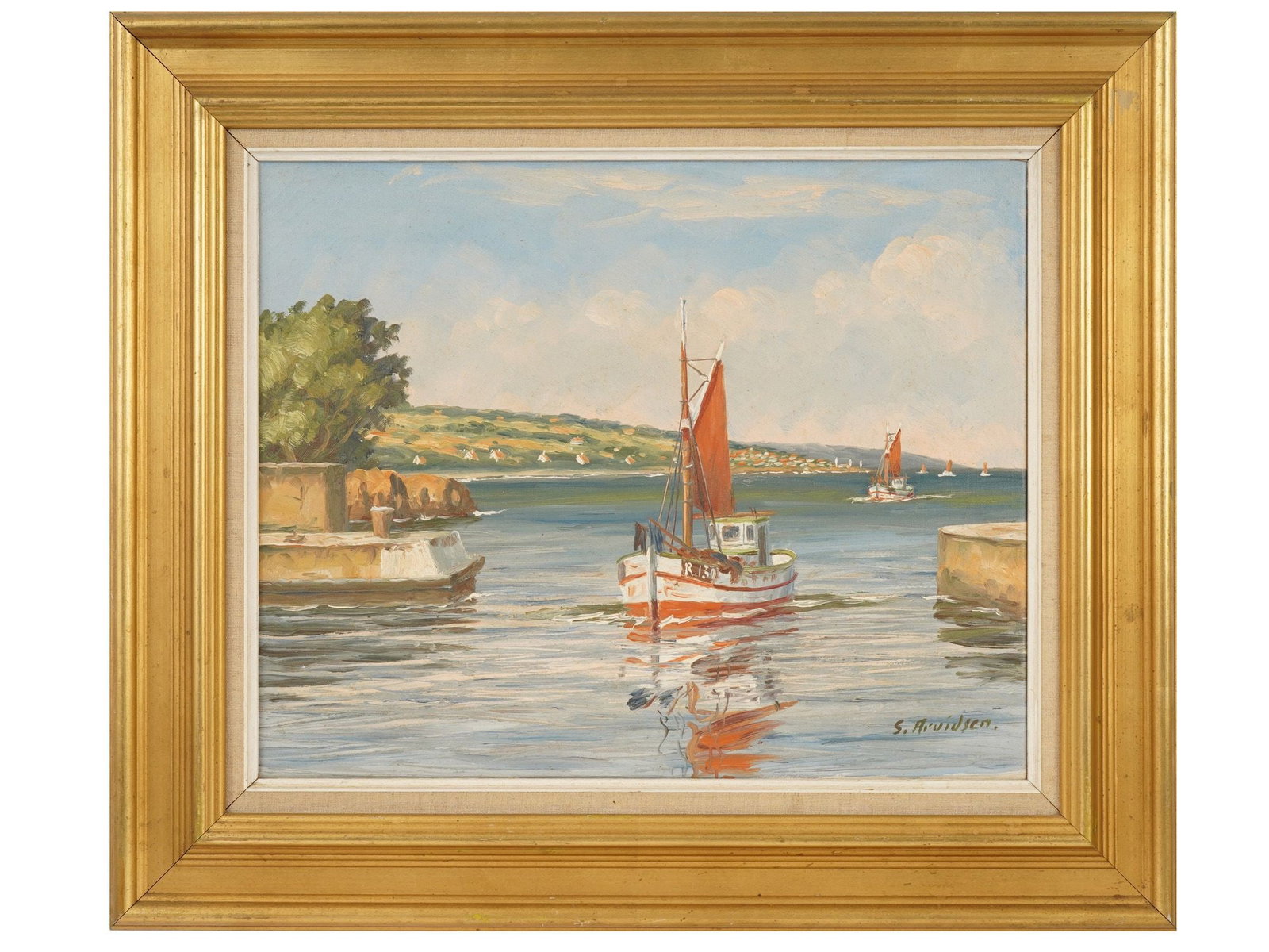 MODERNIST DANISH OIL PAINTING BY SVEND ARVIDSEN: Svend Aage Arvidsen, Danish 1908 to 1981, an oil painting on canvas depicitg a coastal harbor scene. Signed lower right. Framed. Svend Aage Arvidsen, was a renowned Danish artist active in the mid 20t