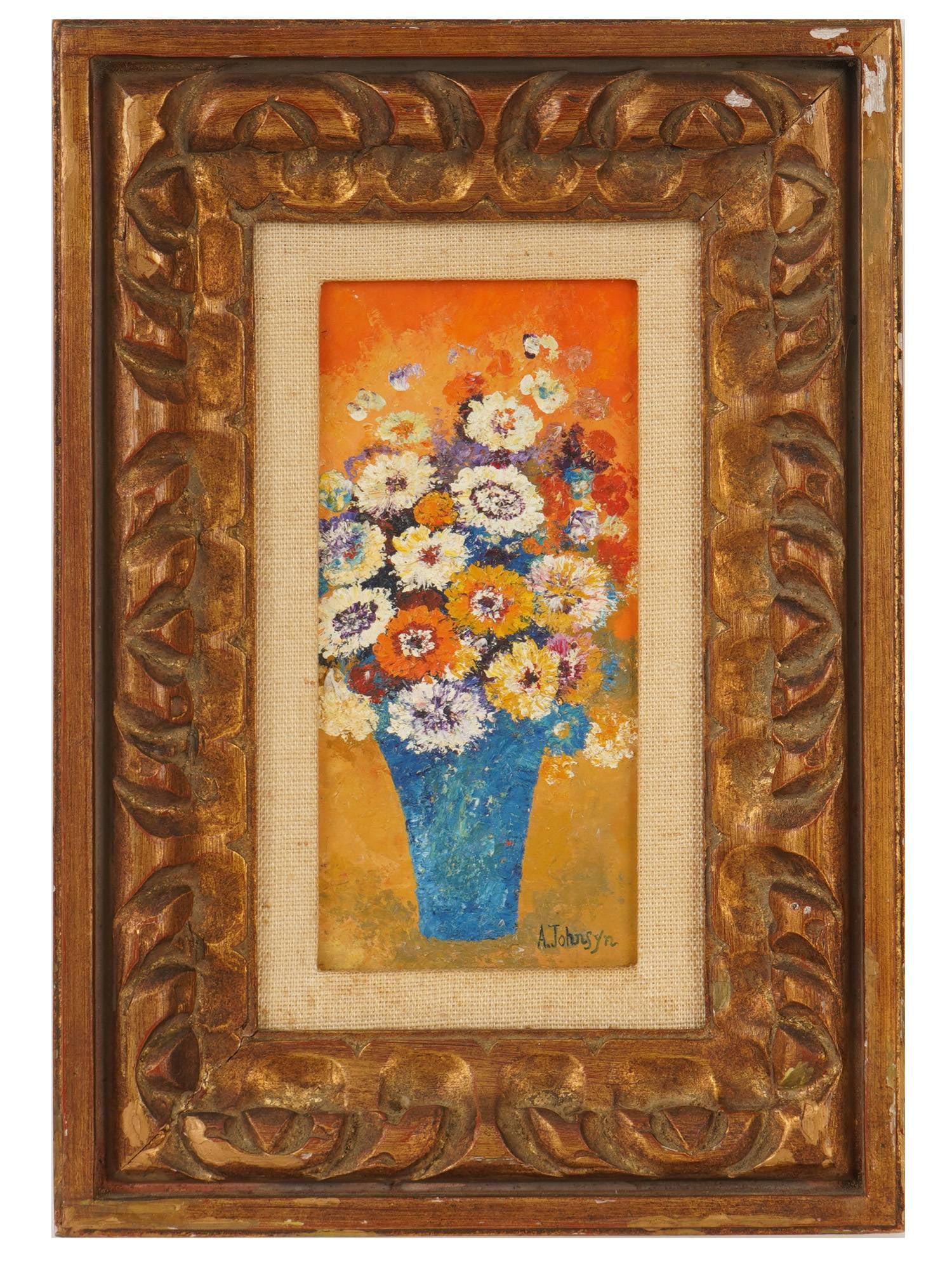 MODERNIST STILL LIFE OIL PAINTING SIGNED BY ARTIST: A Modernist oil painting on canvas depicting a still life with flowers. Signed by the artist, A. Johnsyn, lower right. Framed. Modernist and Contemporary Fine Art, Post Impressionist and Expressionist