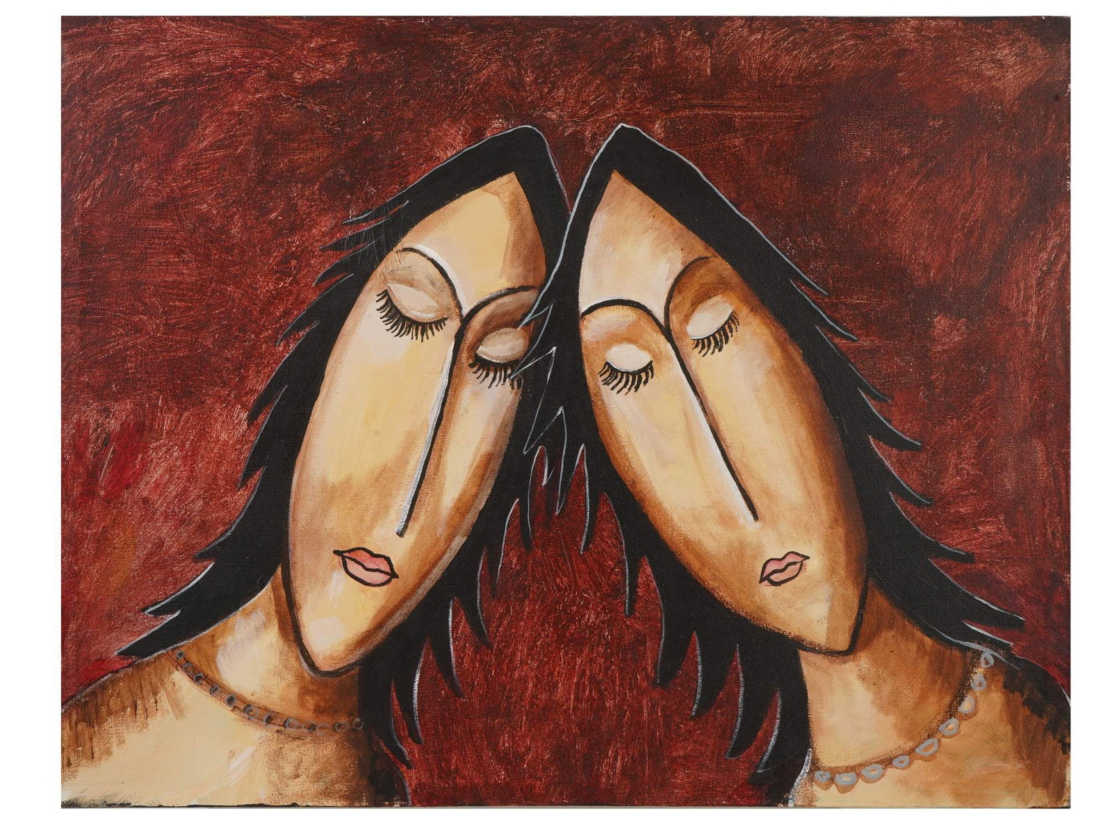 ATTR TO JANE BEESON BRITISH PORTRAIT ACRYLIC PAINTING: Attributed to Jane Beeson, British, 1930 to 2006, an acrylic painting on canvas depicting a stylized double portrait. Inscribed, Jane Beeson, For Lorane Lorain Lorains Boy Happy Birthday Travis, and d