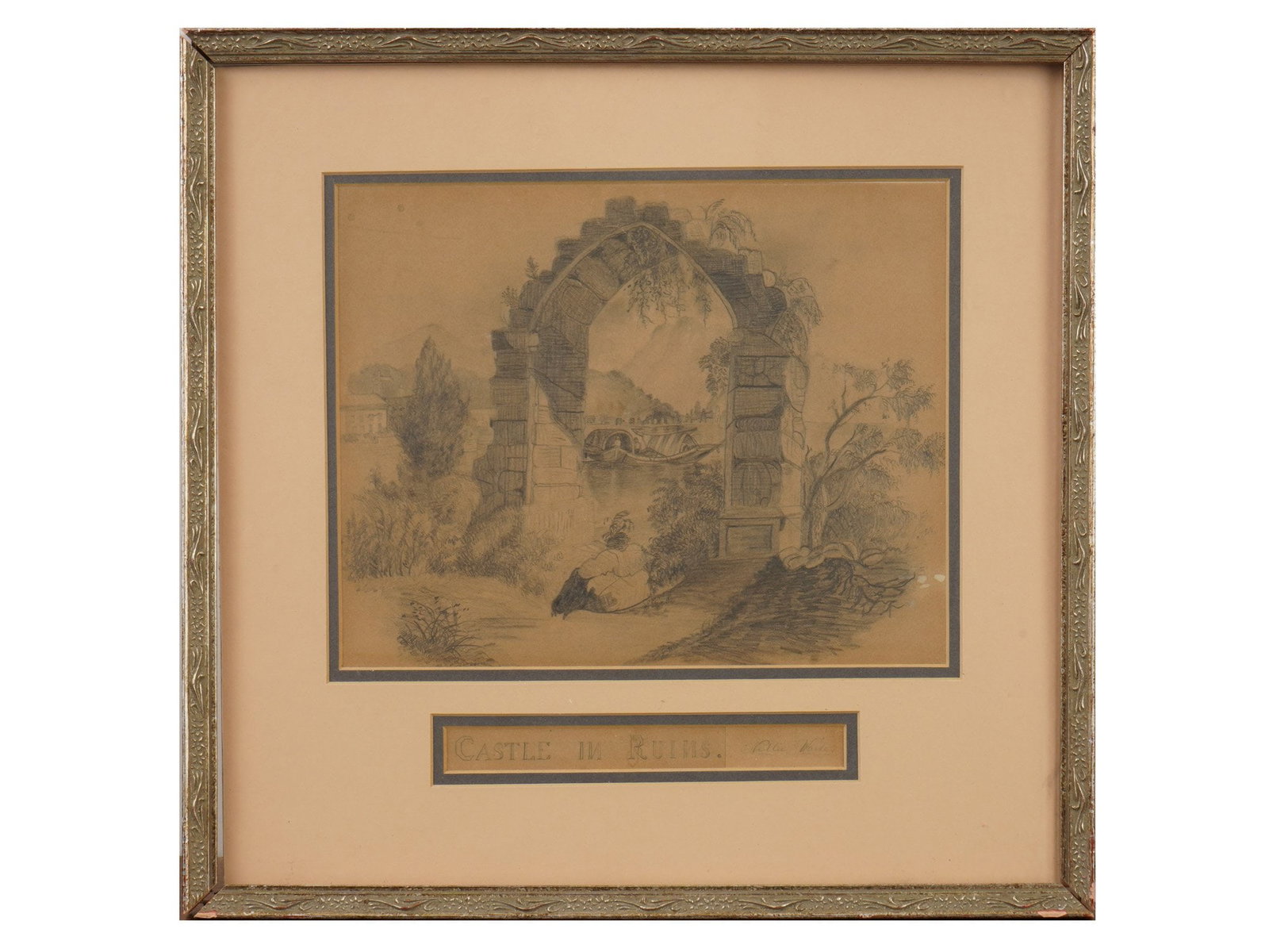 EUROPEAN CASTLE PENCIL PAINTING SIGNED BY ARTIST: An antique European pencil painting on paper, Castle in Ruins. Titled and signed by the artist, probably Nellie Waule, lower to the center. Framed. Antique European Fine Art, Architectural Sketches, R