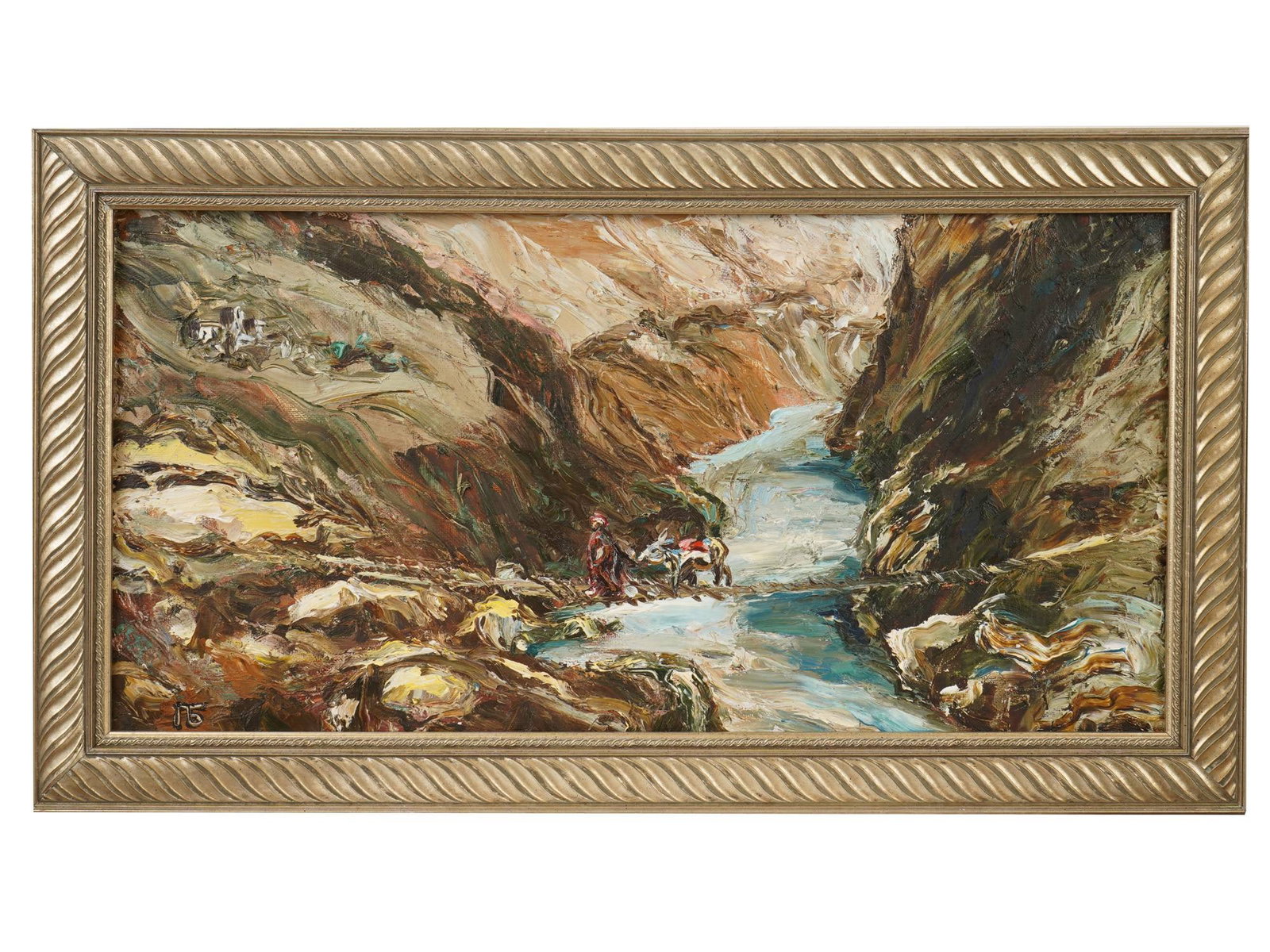 VINTAGE RUSSIAN OIL PAINTING BY GALINA BYSTRITSKAYA: A vintage Russian oil on canvas painting by Galina Albertovna Bystritskaya born, 1961. An expressionist painting in shades of brown, earth, and ochre, depicting a genre scene of a man and a donkey abo